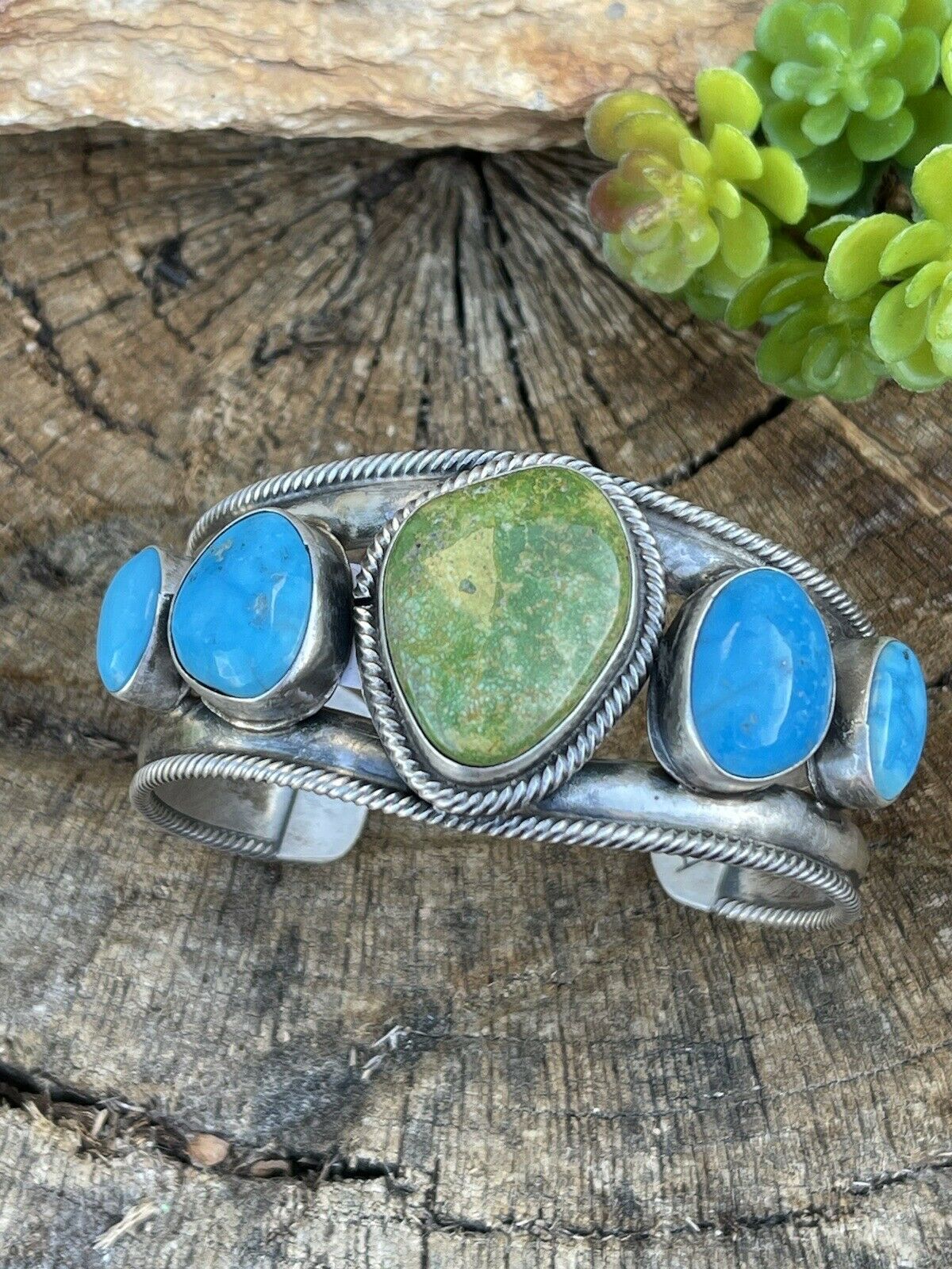 Navajo Sterling Sonoran Gold & Golden Hills Turquoise Cuff Bracelet Signed /