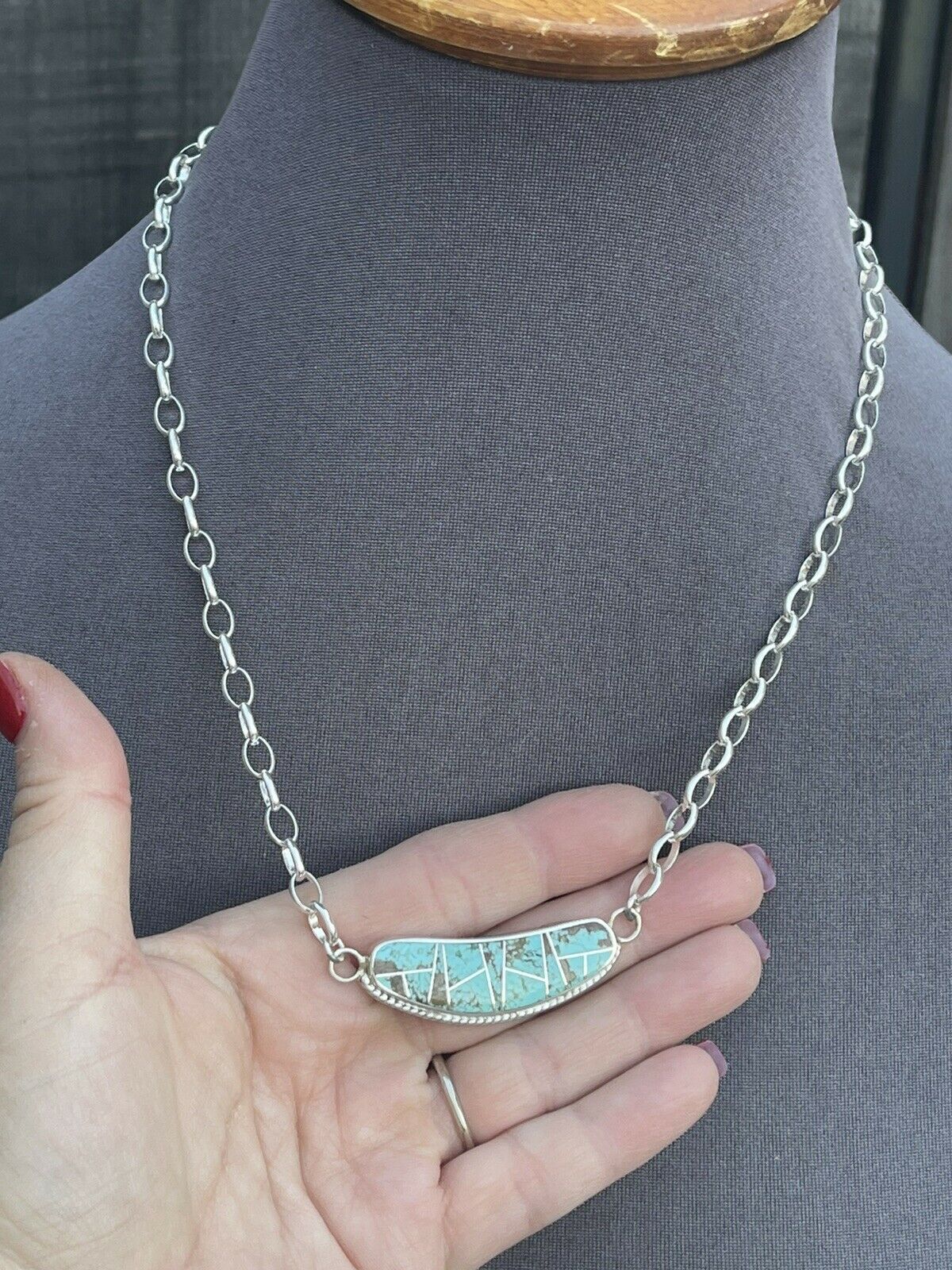 Handcrafted Sterling Silver & Turquoise Inlay Sleek Pendant Necklace