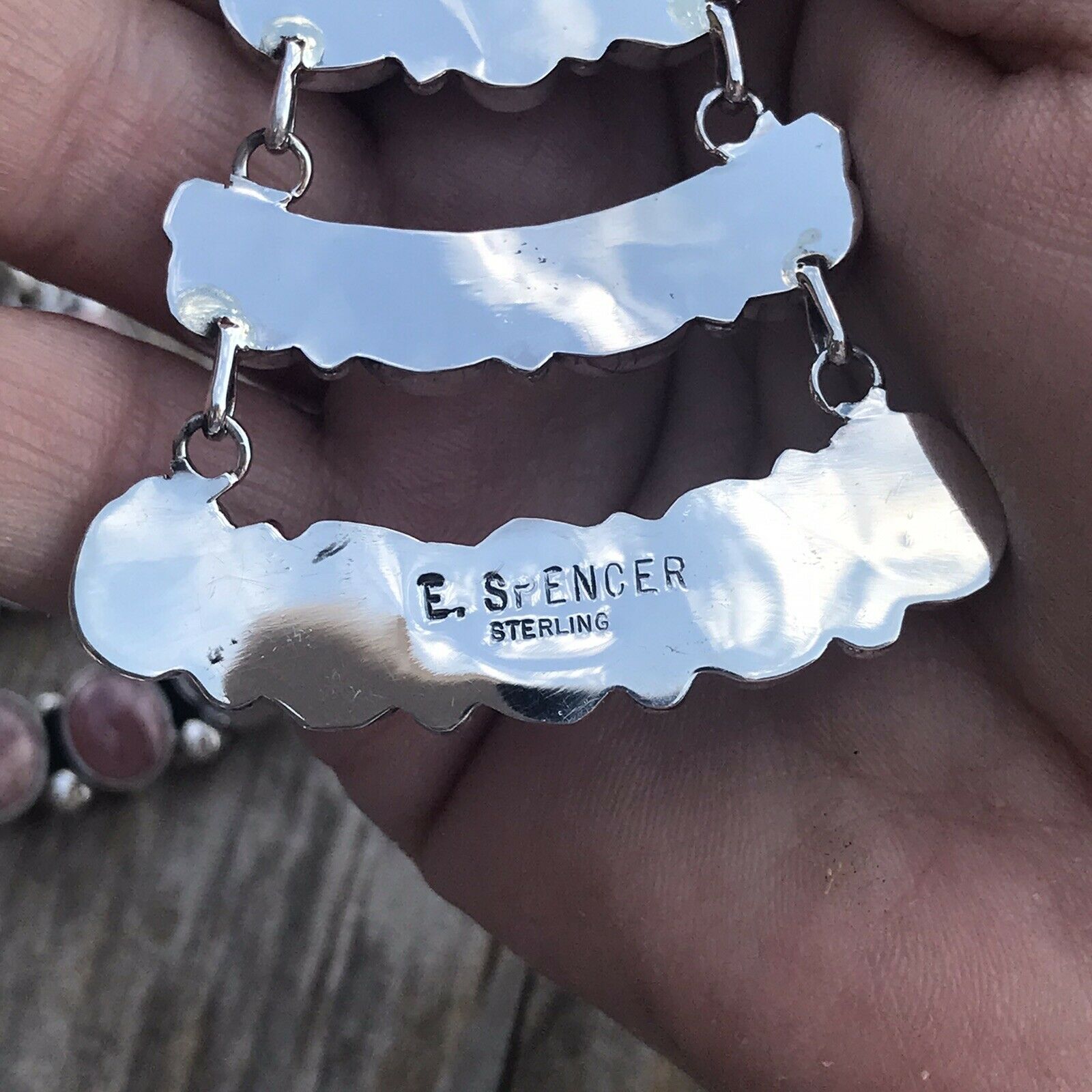 Sterling Silver Rhodochrosite Stone Dangle Earrings Artist E. Spencer