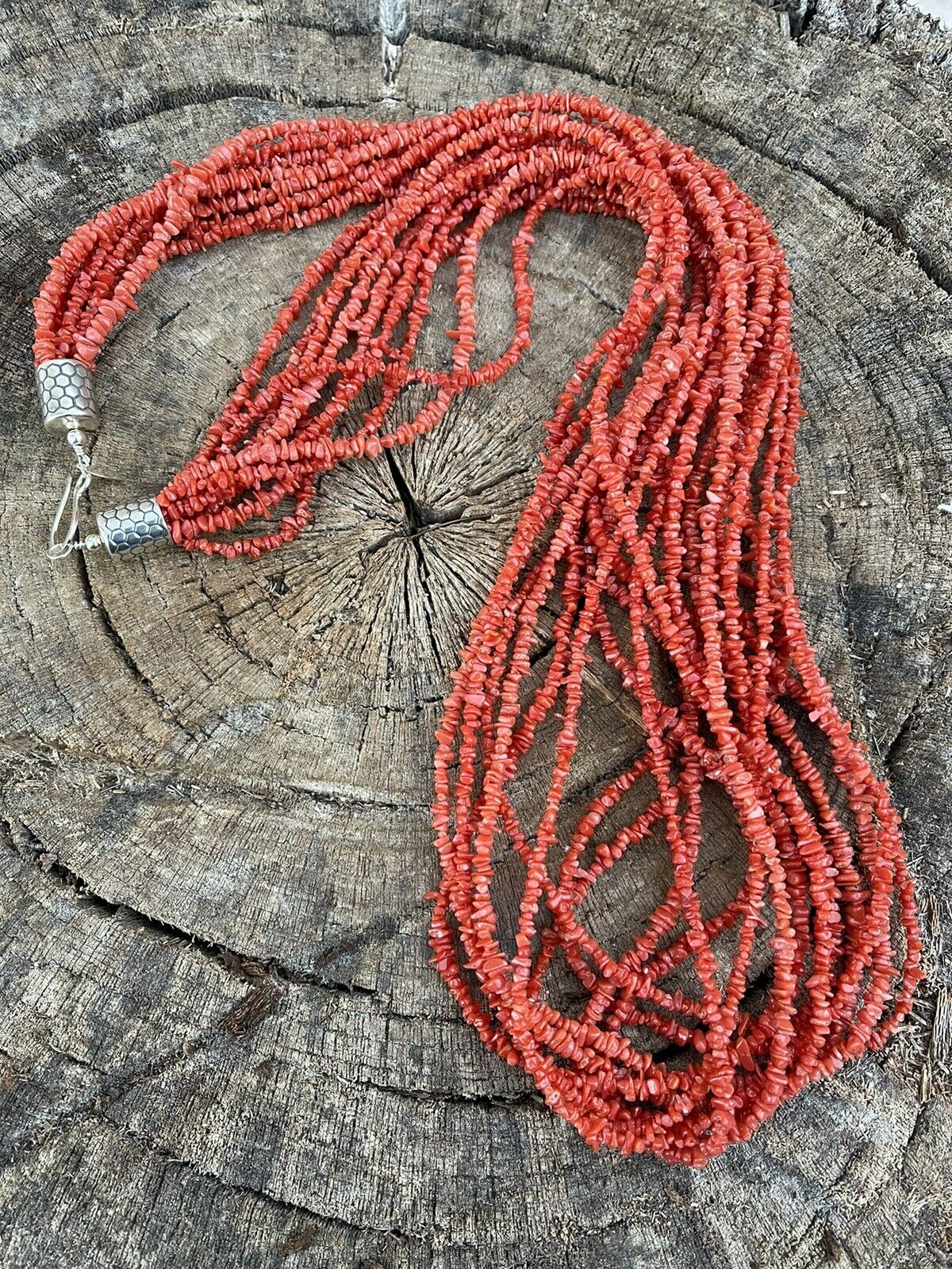 Handcrafted Sterling Silver Pink Coral 10 Strand Bead Necklack