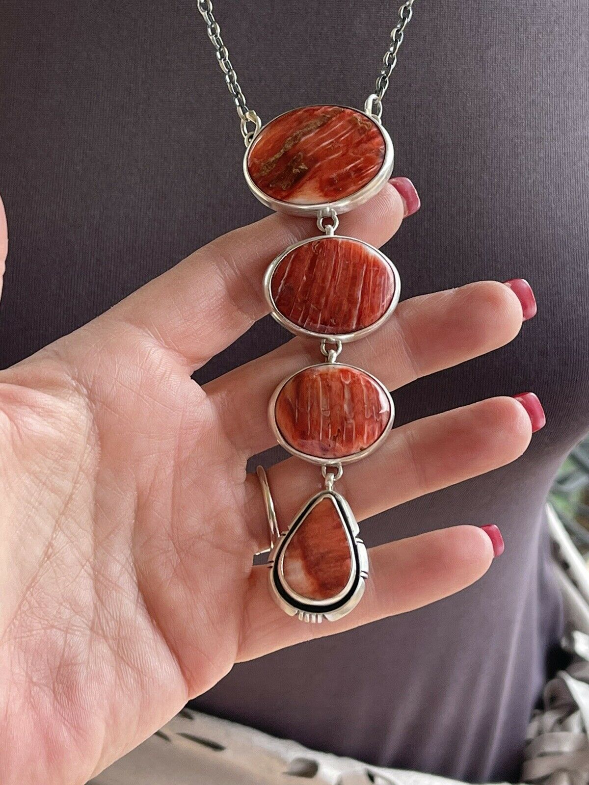 Handcrafted Orange Drop Spiny Sterling Silver Lariat Necklace