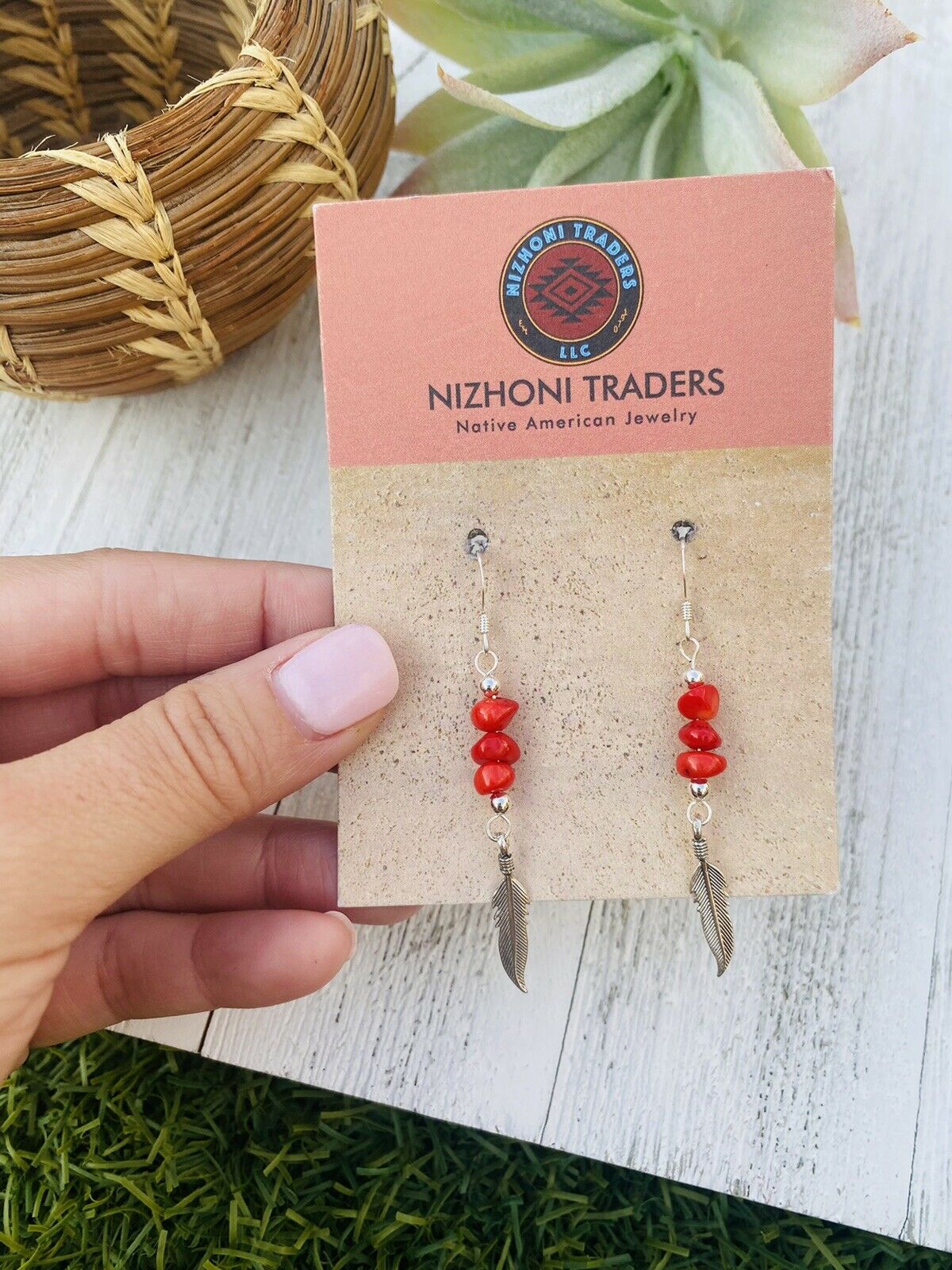 Handcrafted Coral & Sterling Silver Feather Dangle Earrings
