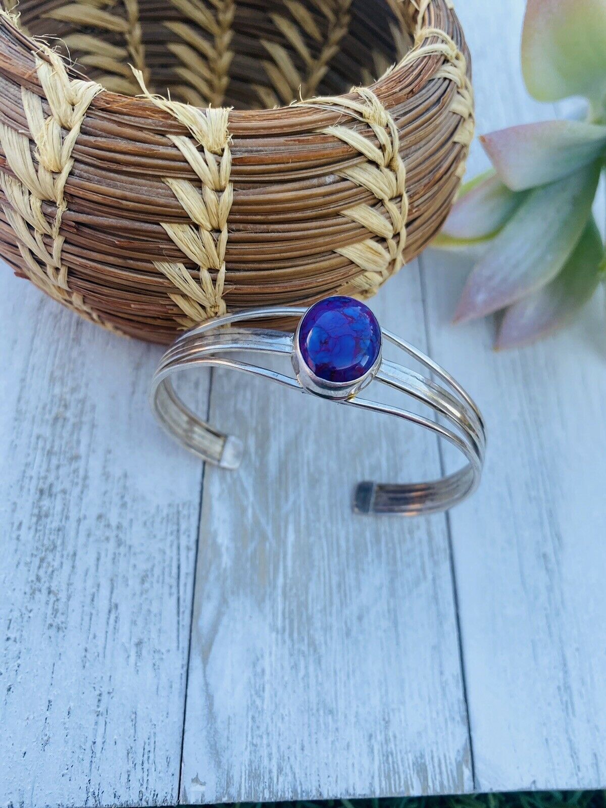 Handcrafted Purple Kingman Turquoise & Sterling Silver Cuff Bracelet Signed