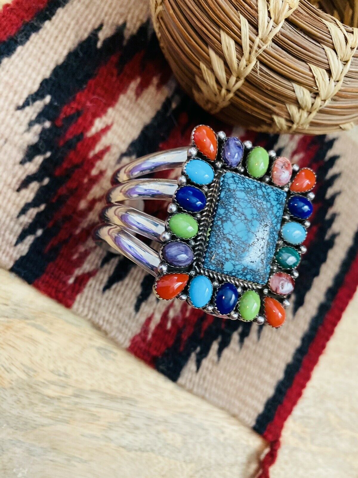 Handcrafted & Amazing Multi Stone & Sterling Silver Cuff Bracelet Signed