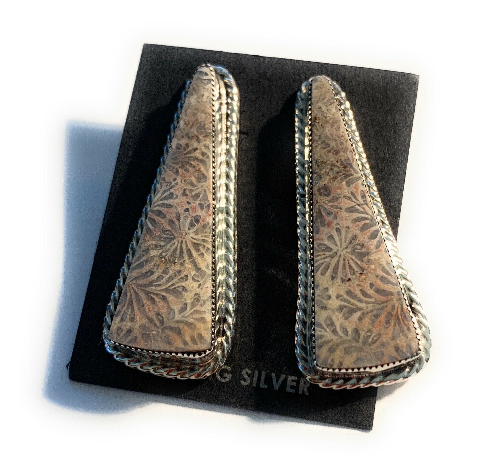 Handcrafted Fossilized Coral & Sterling Silver Post Earrings Signed