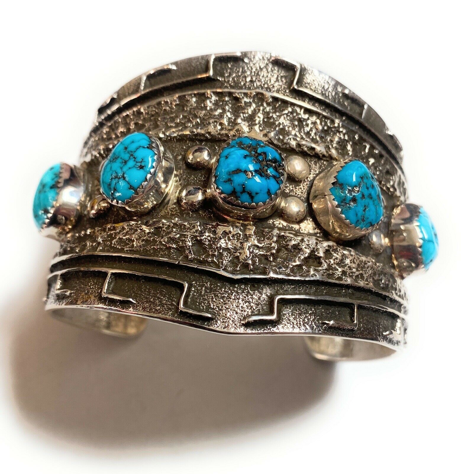 Handcrafted Kingman Turquoise & Hand Stamped Sterling Silver Cuff Bracelet