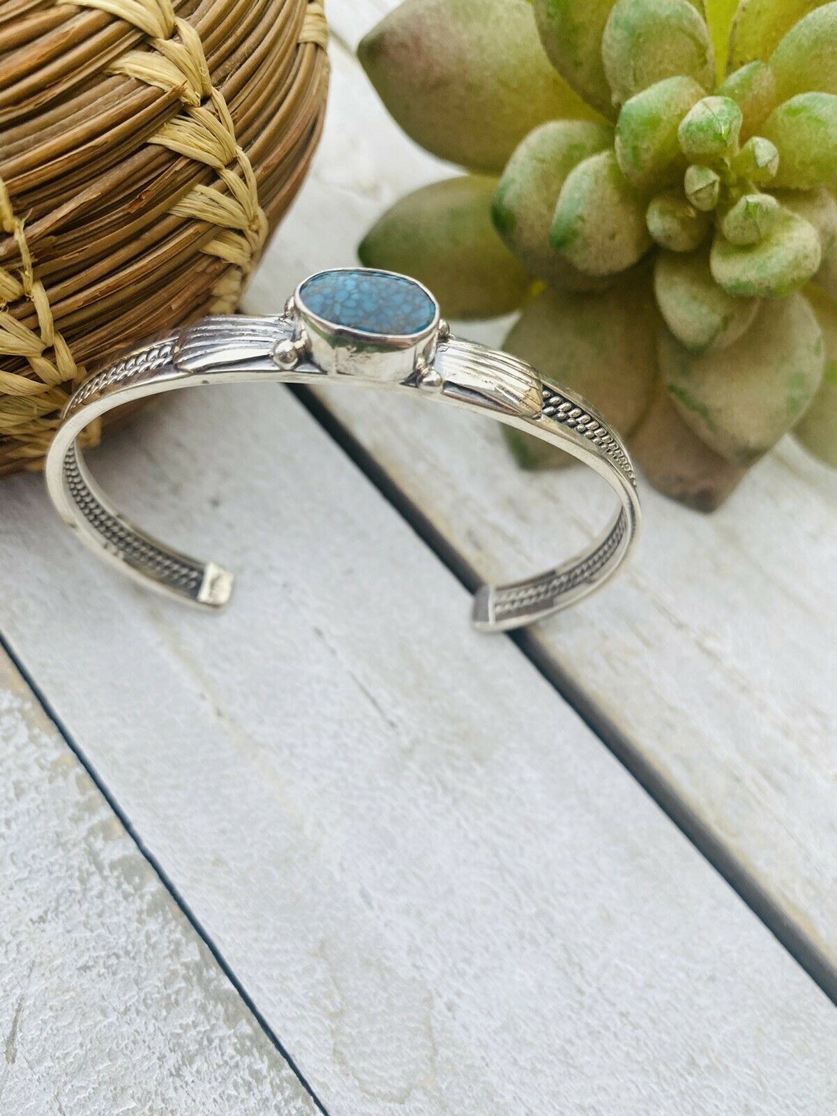 Handcrafted Sterling Silver & Royston Turquoise Stacker Cuff Bracelet Signed