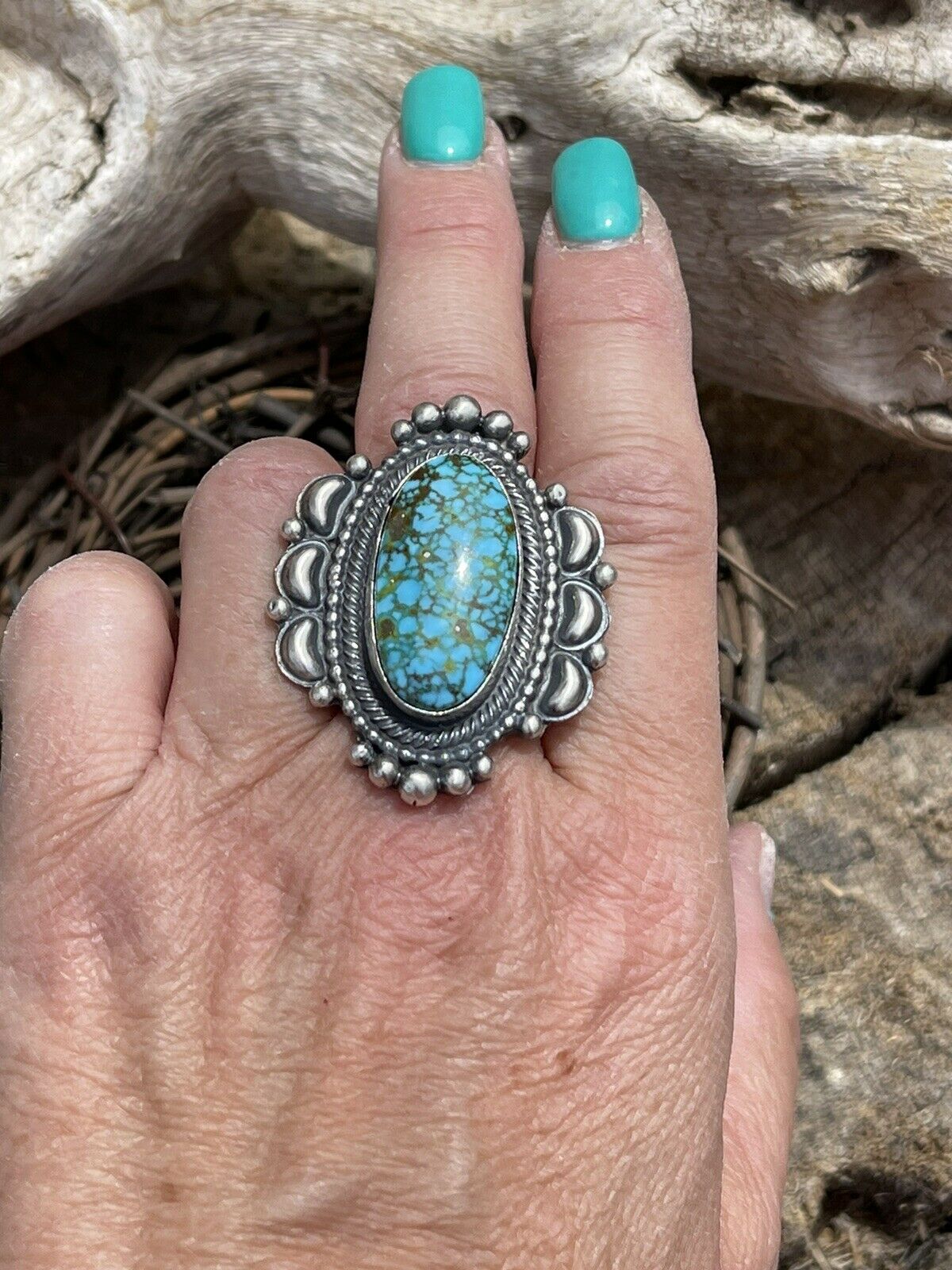 Handcrafted Sonoran Mountain Turquoise & Sterling Silver Statement Ring Size 8