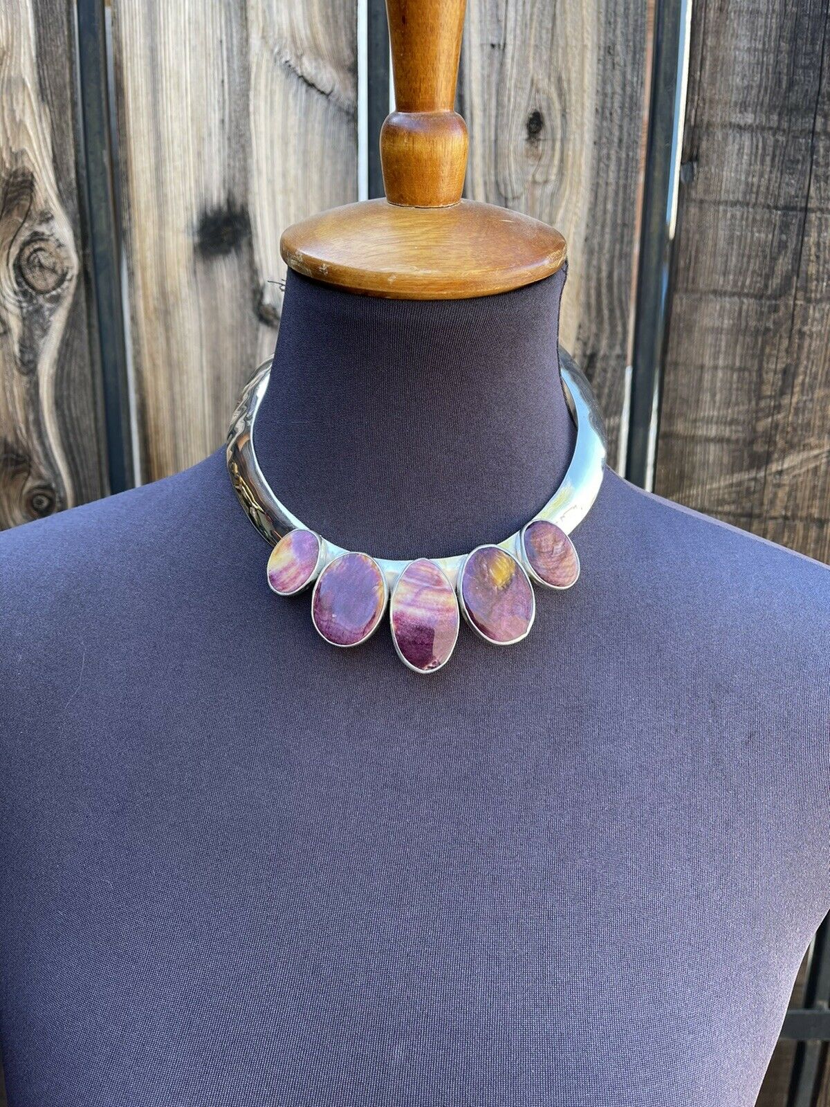 Handcrafted Sterling Silver & Spiny 5 Stone Choker Necklace Signed