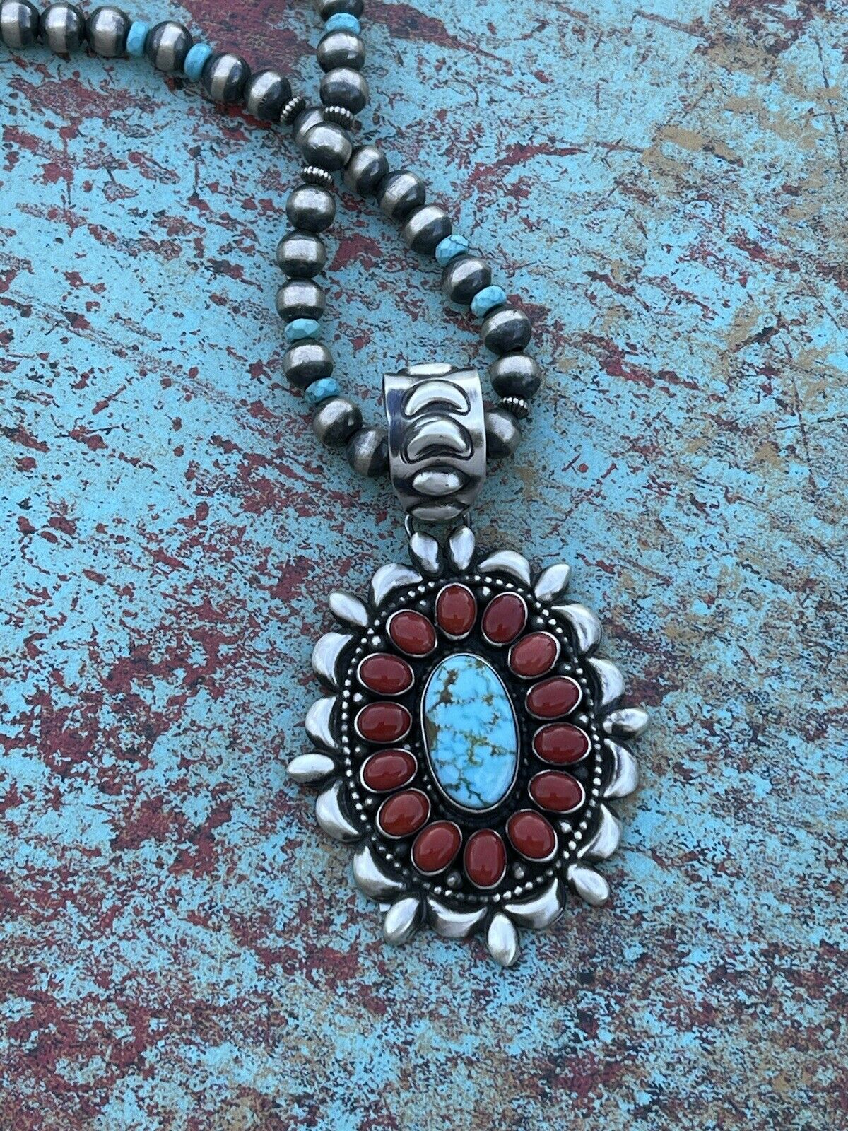 Handcrafted Sterling Kingman Web Turquoise & Red Coral Taos Ornate Pendant D. Clark