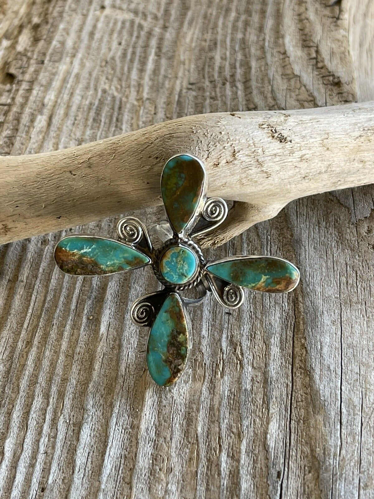 Handcrafted Sterling Silver & Royston Turquoise Scroll Petal Ring Size 8. Signed