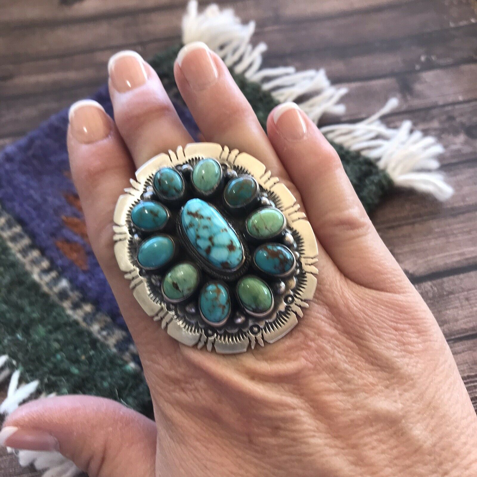 Handcrafted Cluster Multi Turquoise & Sterling Silver Ring Size 6.5