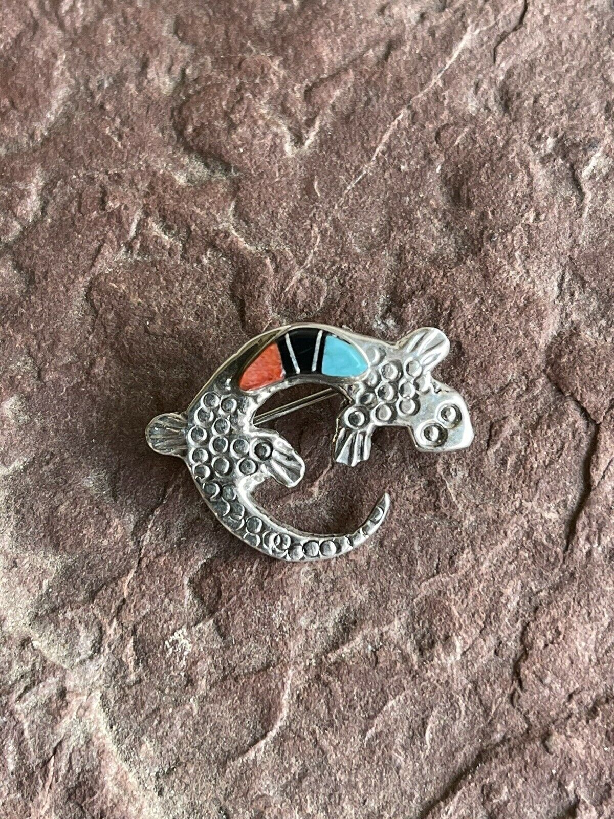 HandcraftedSterling Silver Turquoise, Onyx and Spiny Stone Lizard Pendant Pin Signed