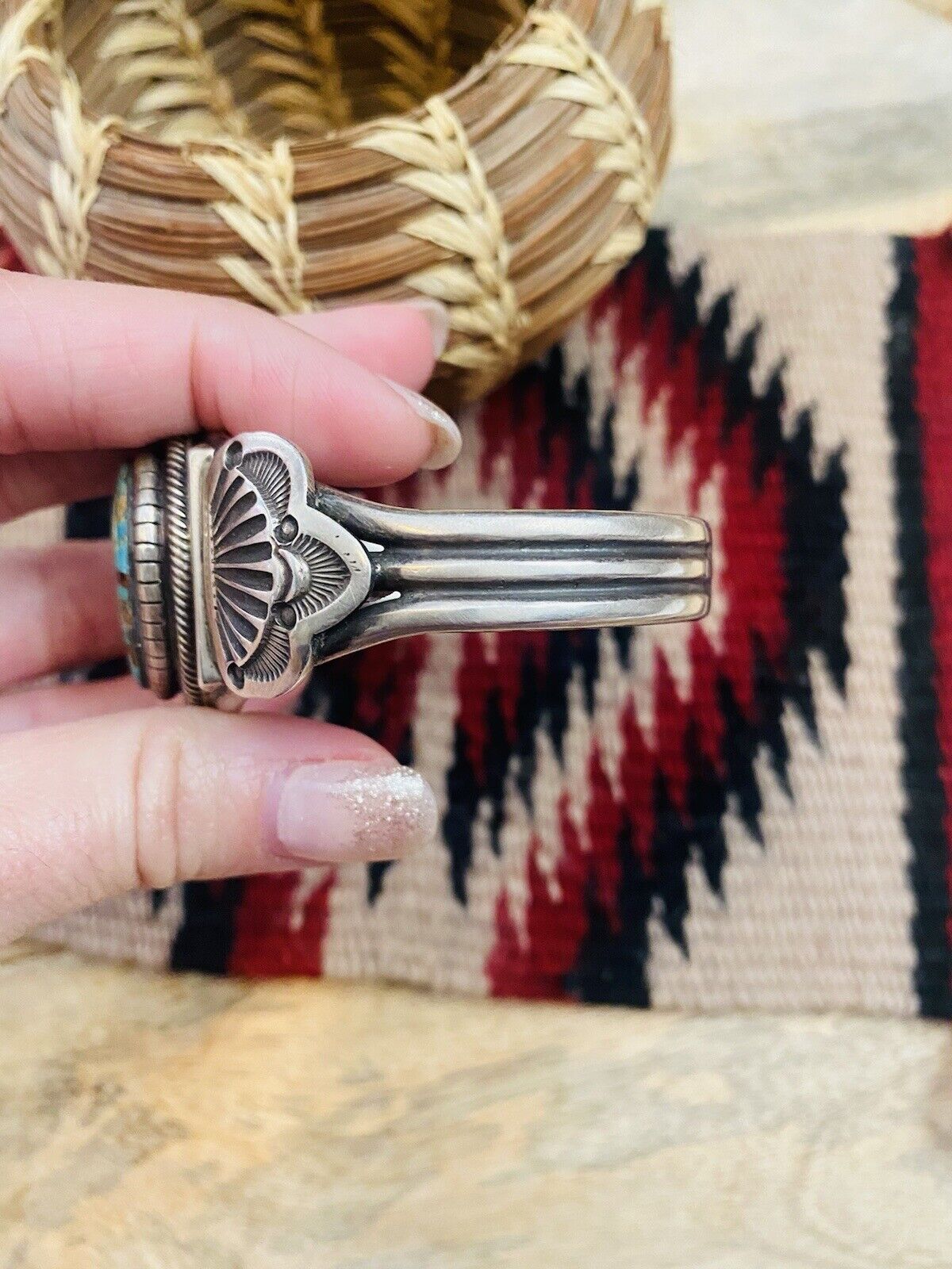 Vintage Navajo Turquoise & Sterling Silver Cuff Bracelet Signed