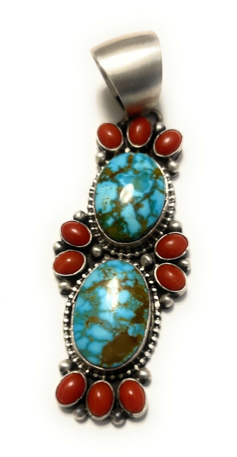 Handcrafted Sterling Kingman Web Turquoise & Red Coral Taos Pendant Bea Tom