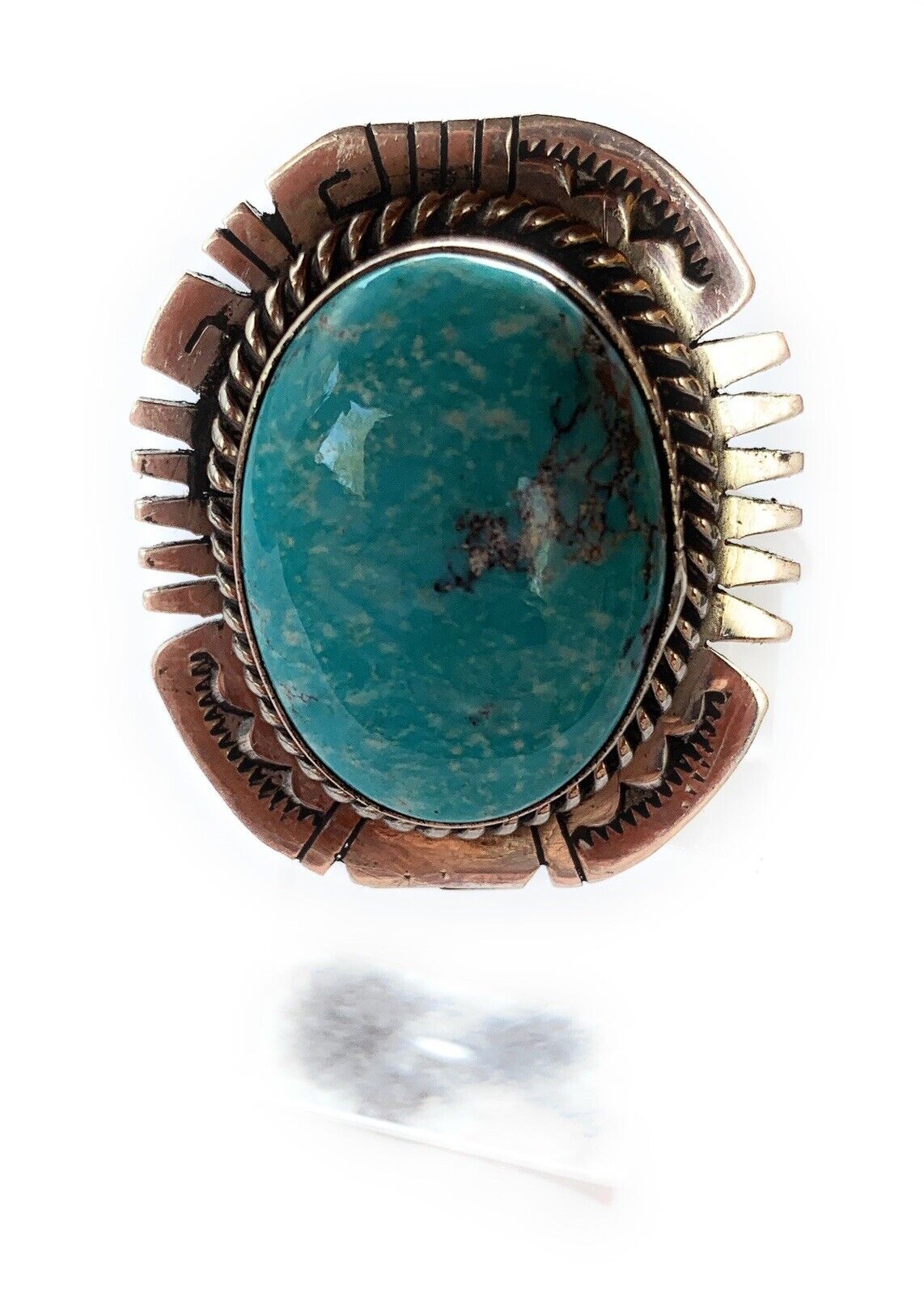 Handcrafted Kingman Turquoise Stamped Sterling Silver Signed Statement Ring