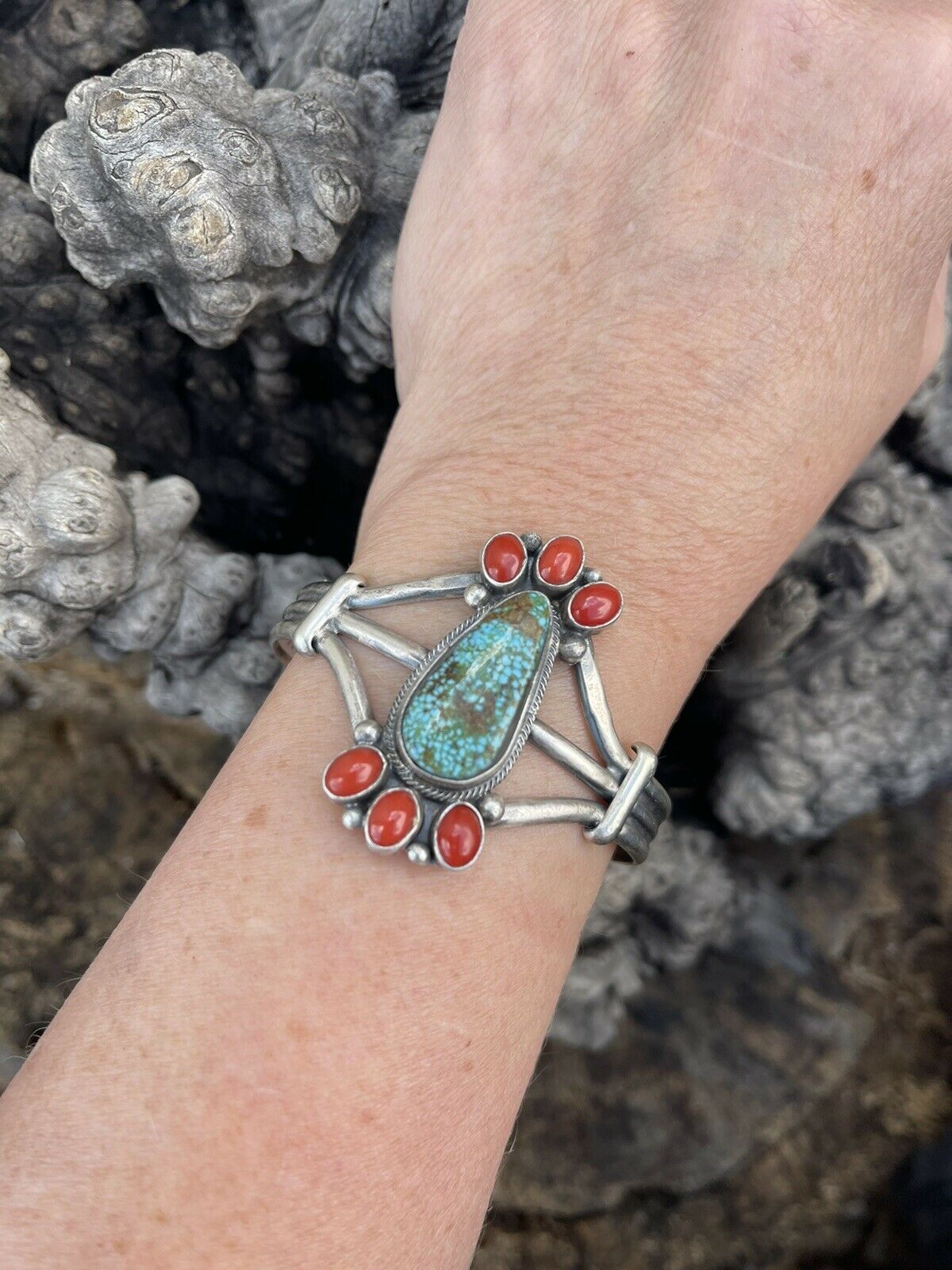 Handcrafted Sterling Silver Kingman Web Turquoise & Red Coral Taos Bracelet Cuff by Bobby Johnson /