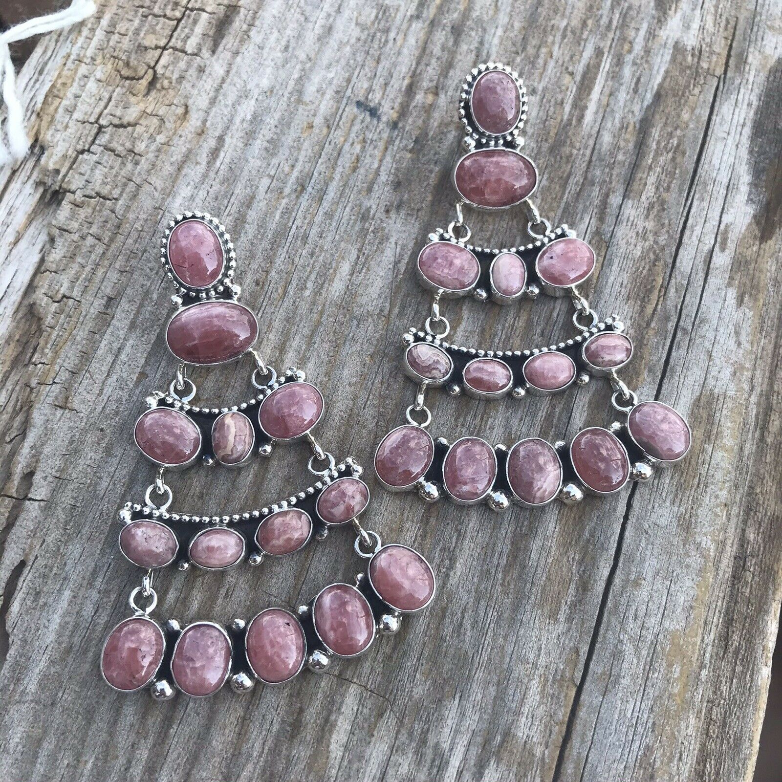 Sterling Silver Rhodochrosite Stone Dangle Earrings Artist E. Spencer