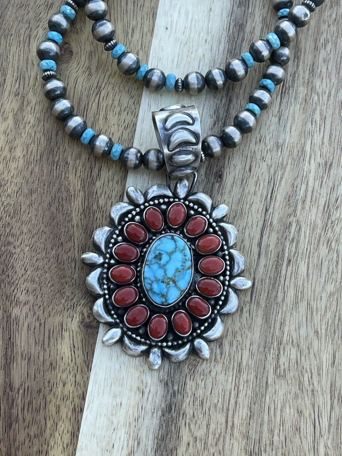 Handcrafted Kingman Web Turquoise & Red Coral Taos Ornate Pendant D. Clark