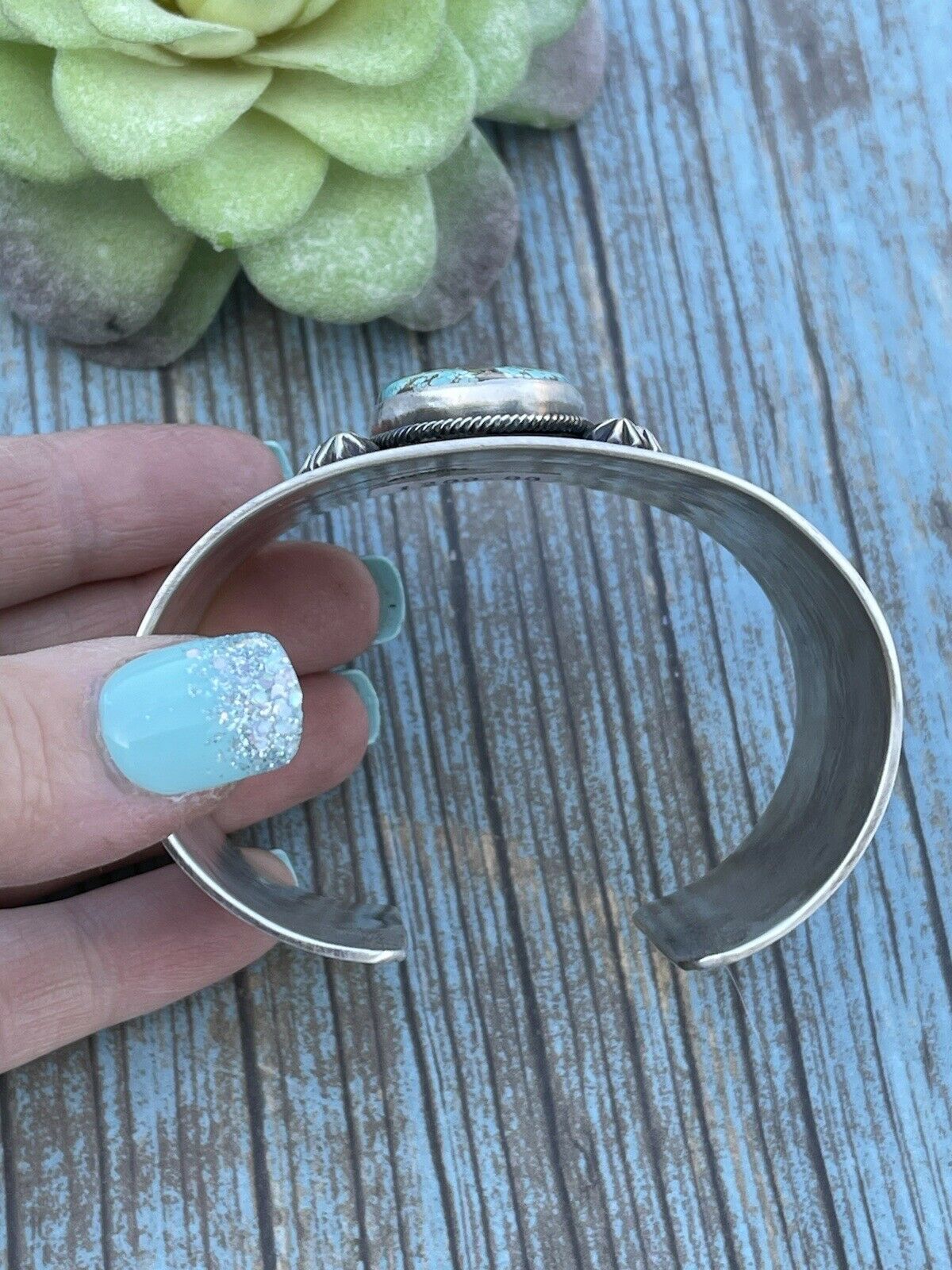 Handmade Sterling & Number 8 Turquoise Signed Cuff Signed Danny Clark