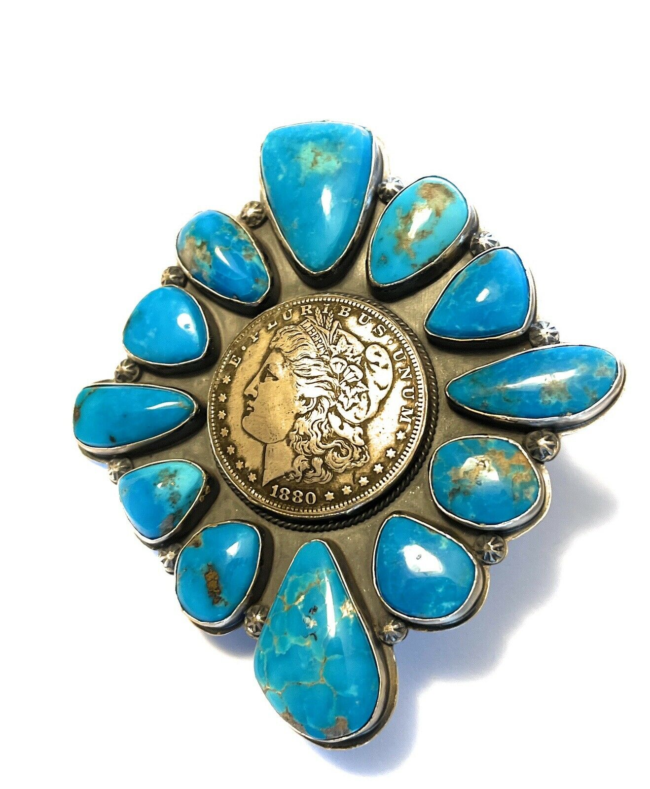 Handcrafted Sterling Silver Coin & Kingman Turquoise Adjustable Ring