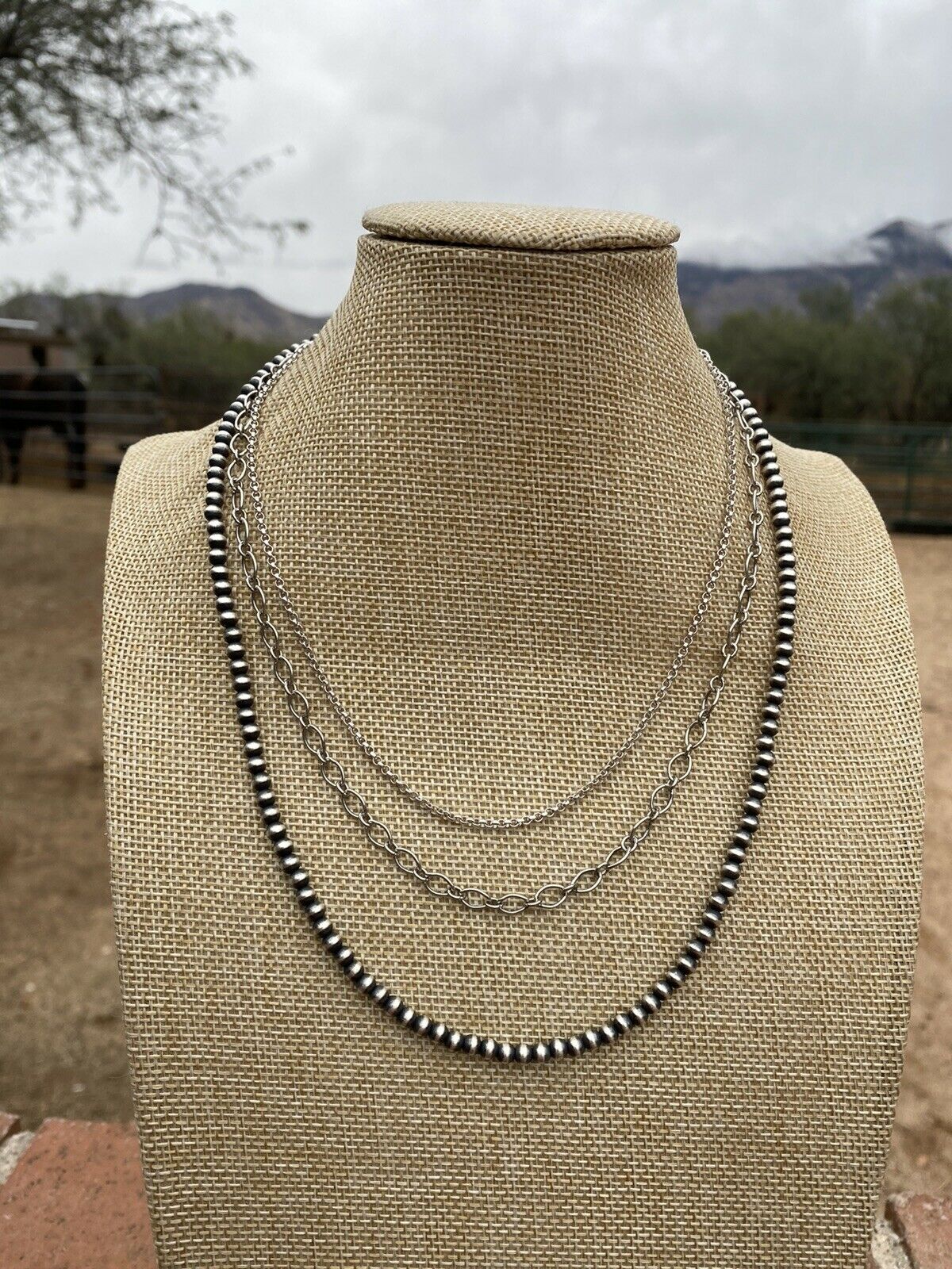 Handcrafted 3 Strand Sterling Silver Navajo Pearl & Chain Necklace 16-20 Inches