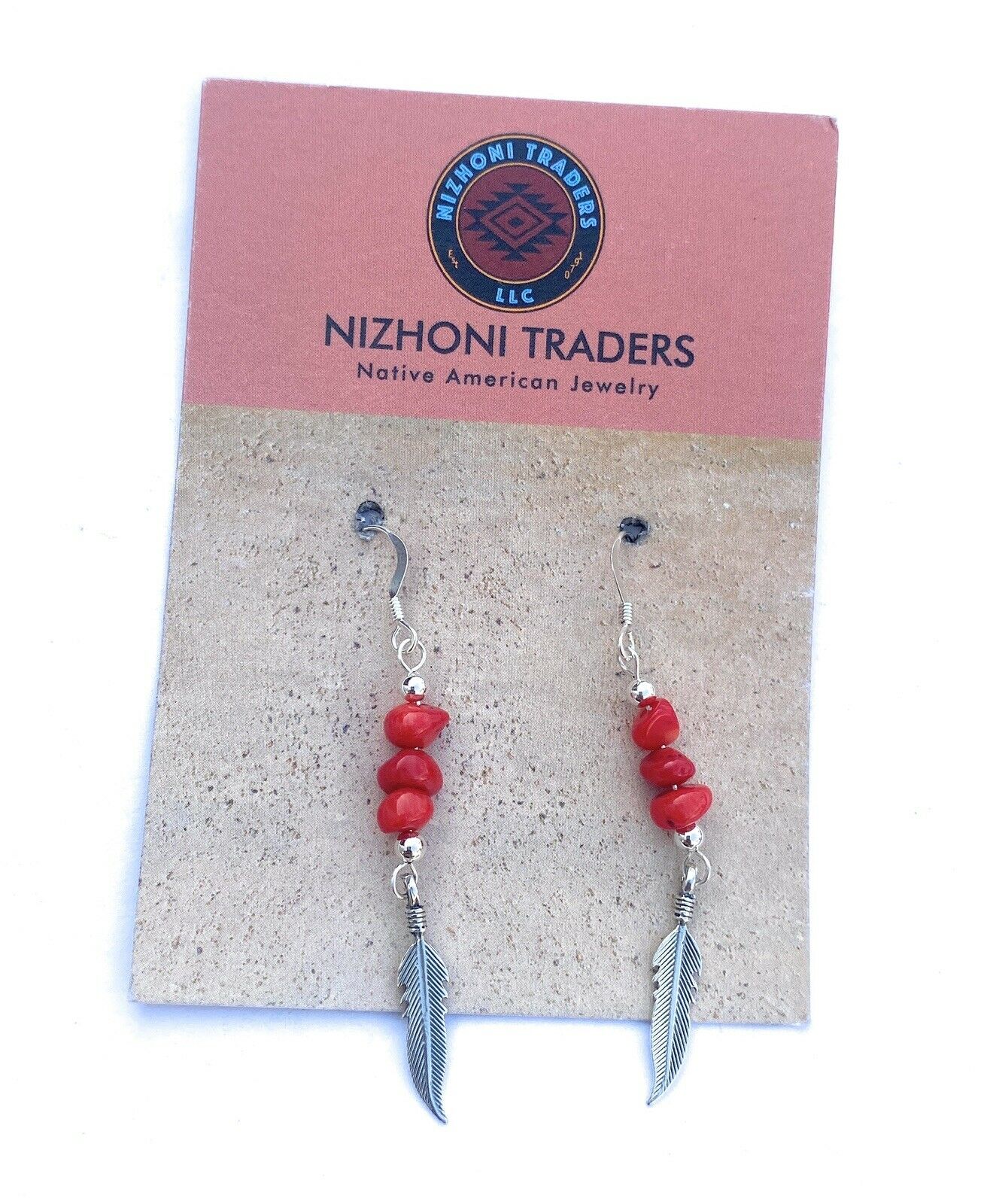 Handcrafted Coral & Sterling Silver Feather Dangle Earrings