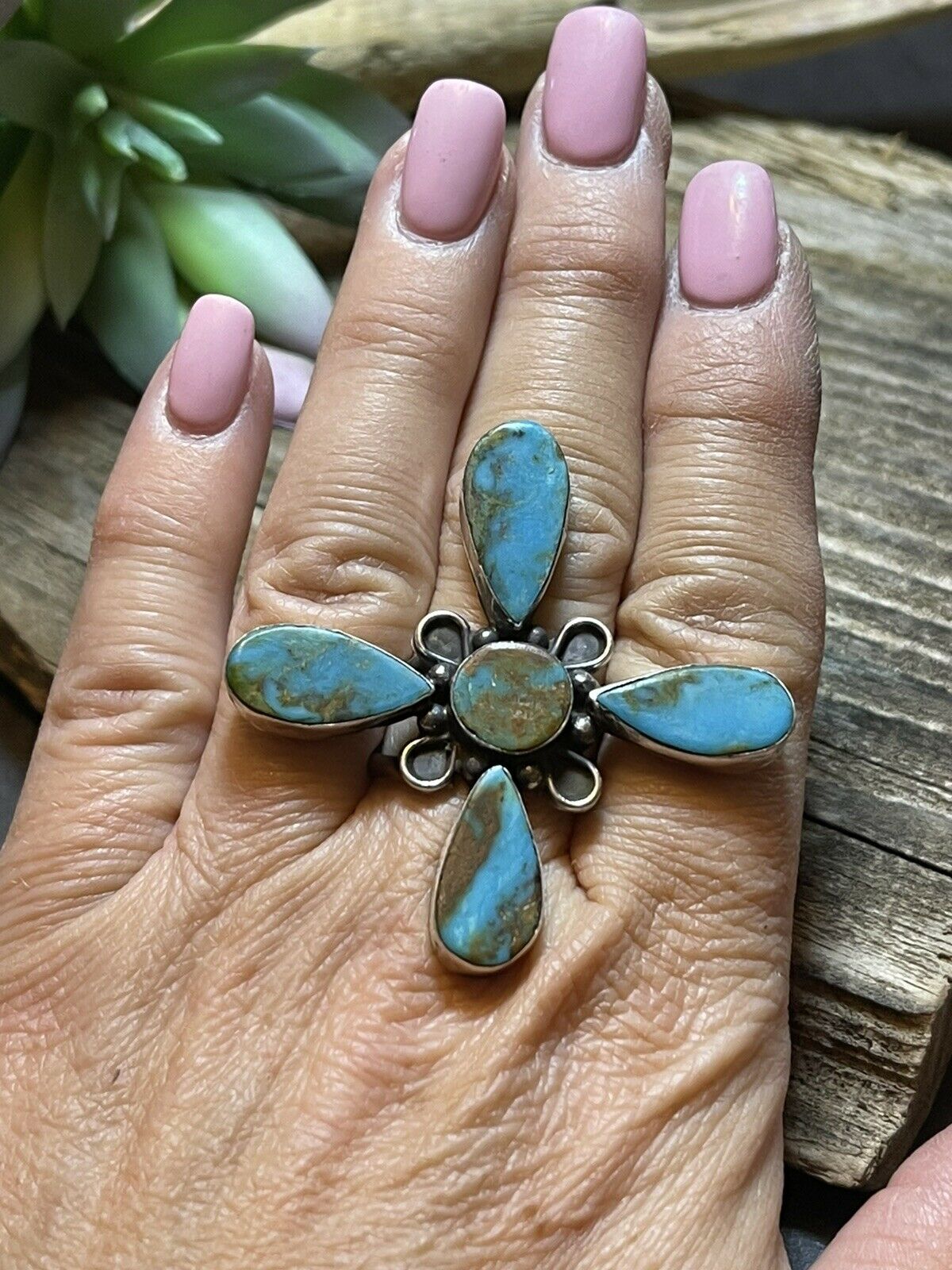 Handcrafted Sterling Silver & Royston Turquoise Scroll Petal Ring Size 7 Signed