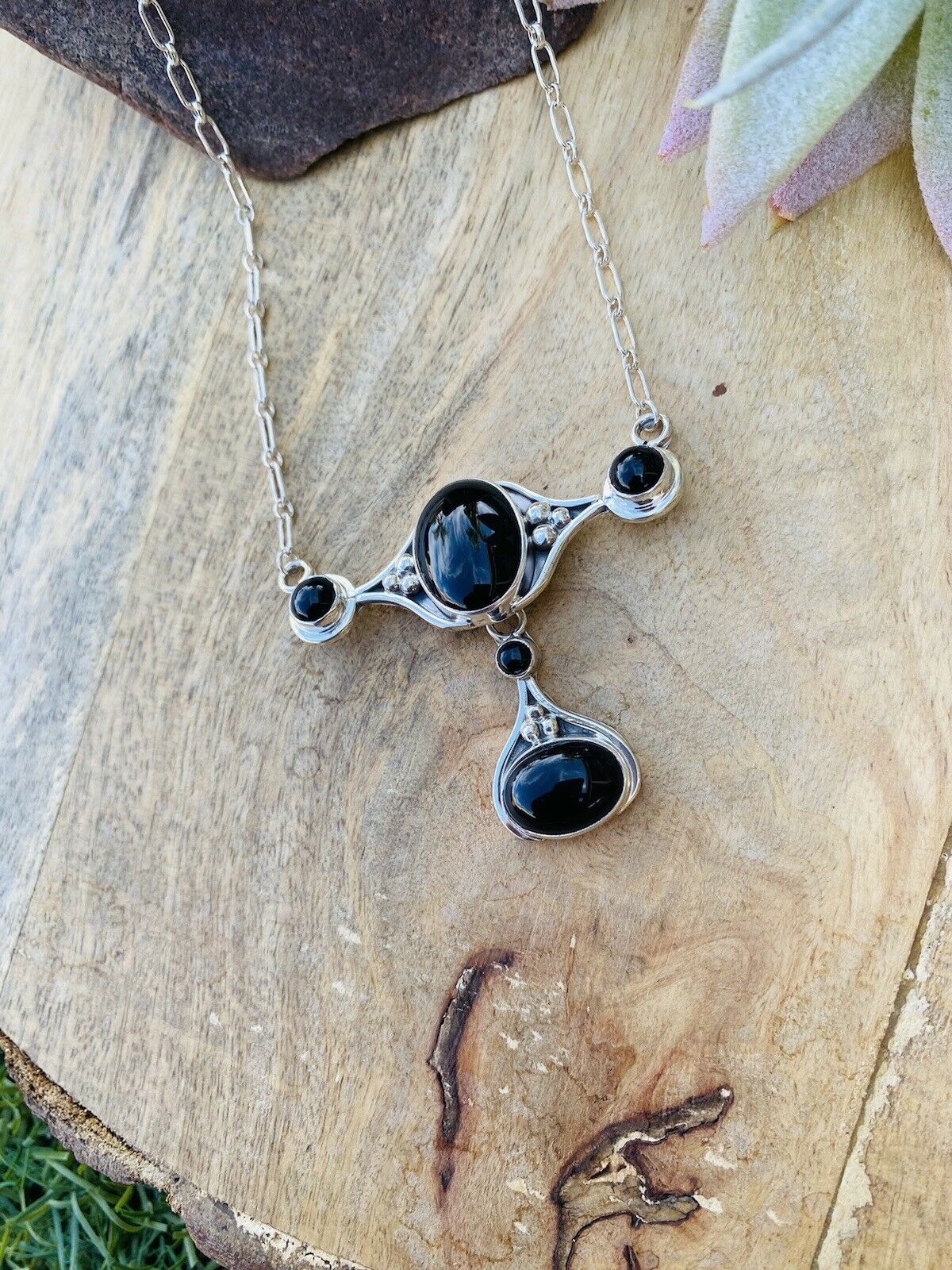 Handmade Sterling Silver & Black Onyx Necklace Signed