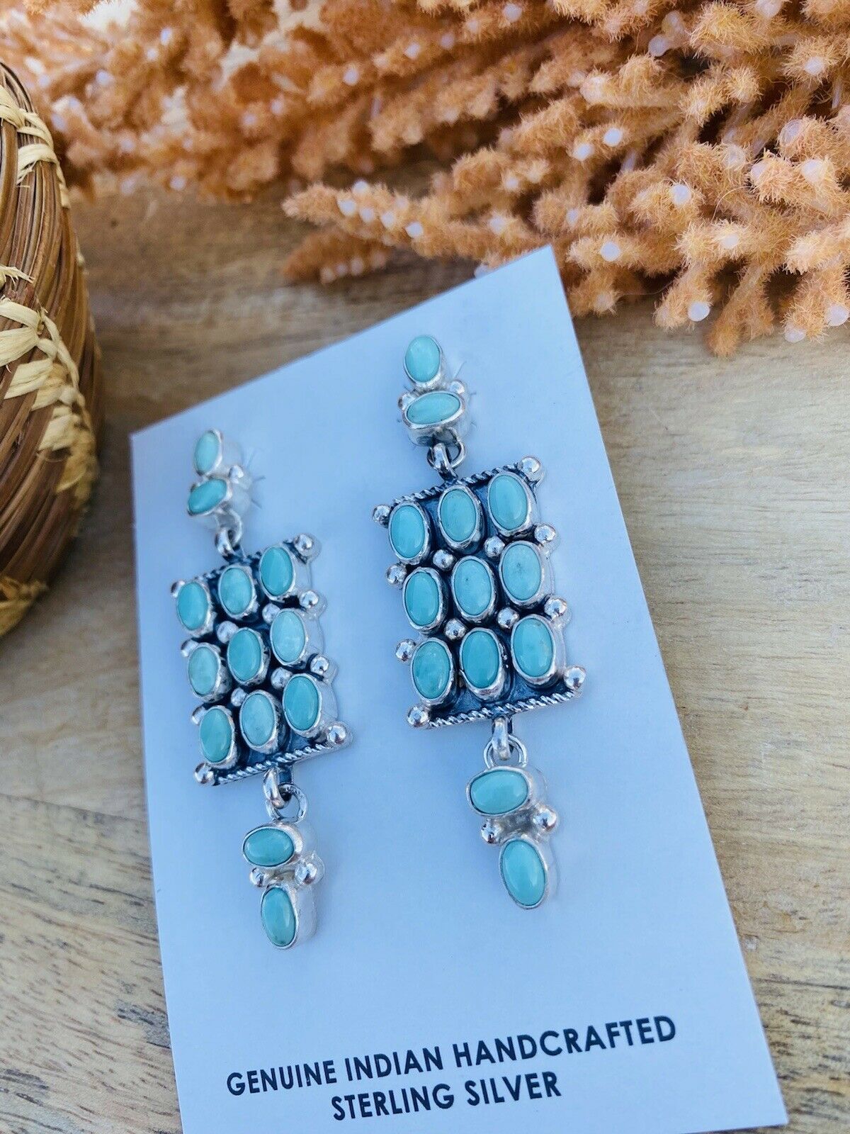 Handcrafted Turquoise & Sterling Silver Cluster Dangle Earrings Signed