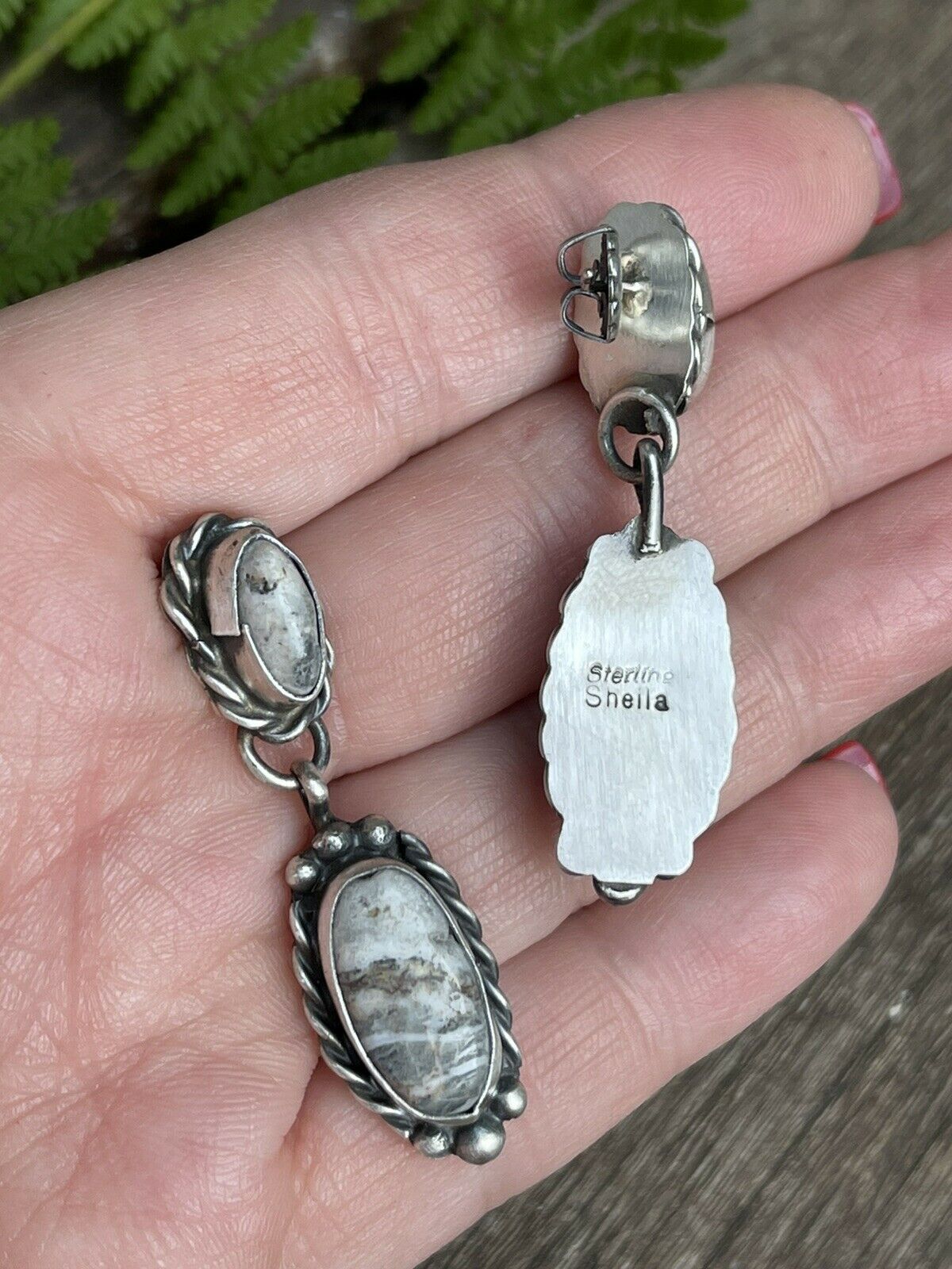 Handcrafted Sterling Silver & White Buffalo 2 Stone Rope Dangle Earrings