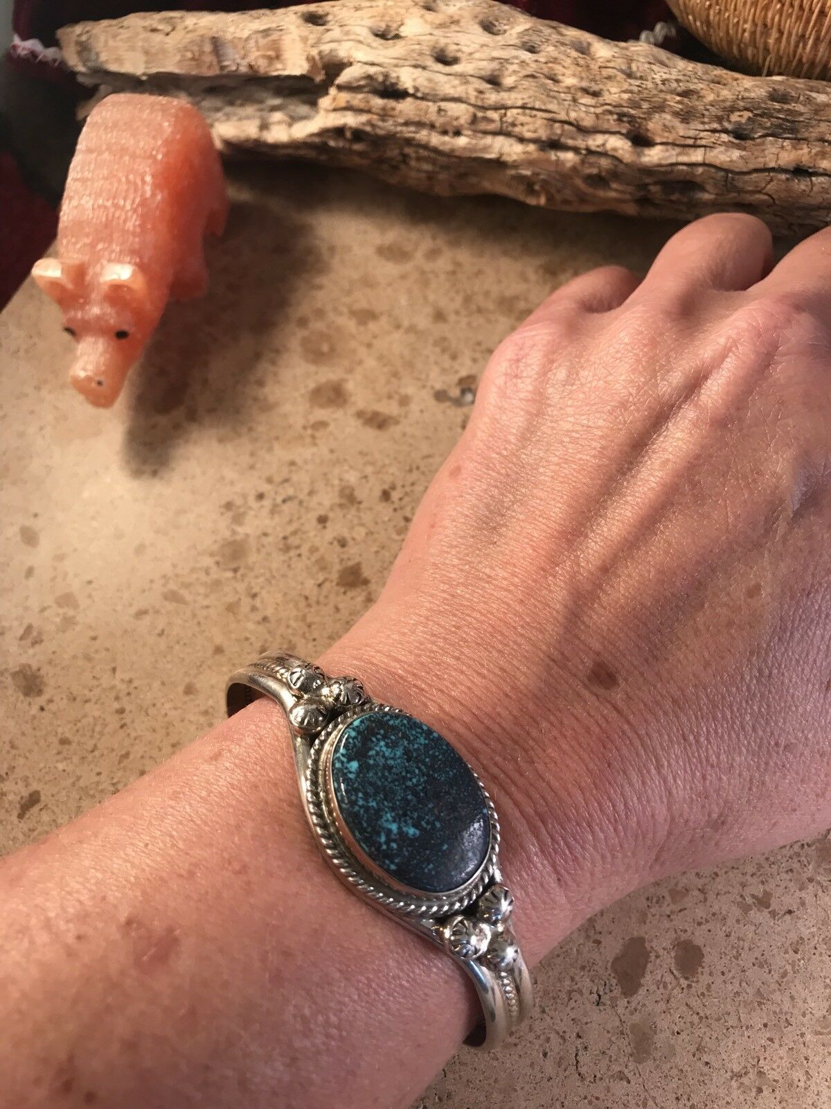 Handcrafted Kingman Web Turquoise & Sterling Silver Cuff Bracelet Signed