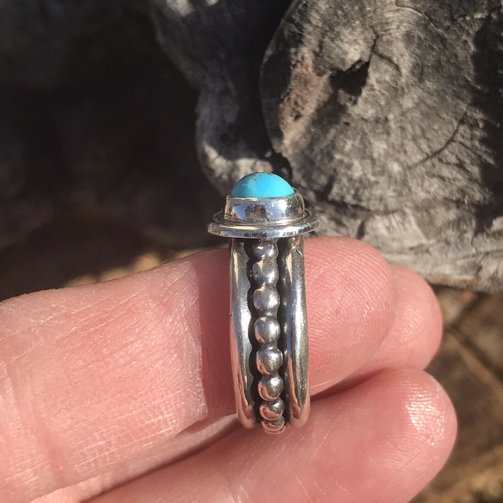 Handcrafted Kingman Turquoise & Sterling Silver Dotted Band Ring
