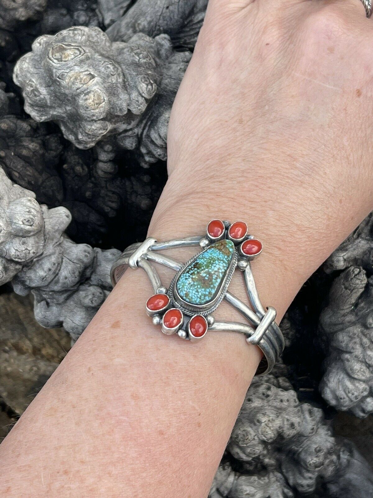 Handcrafted Sterling Silver Kingman Web Turquoise & Red Coral Taos Bracelet Cuff by Bobby Johnson /
