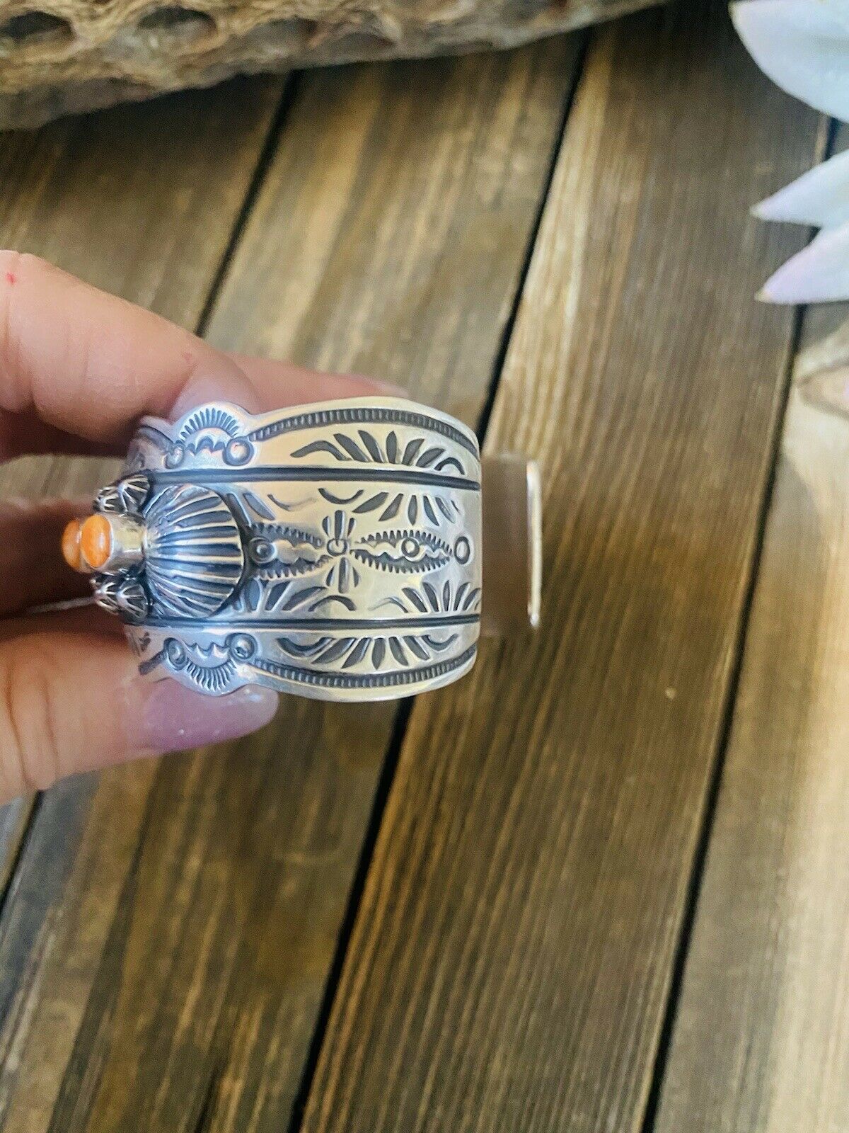 Handcrafted Orange Spiny, Turquoise & Sterling Silver Cuff Bracelet By Darryl Becenti /