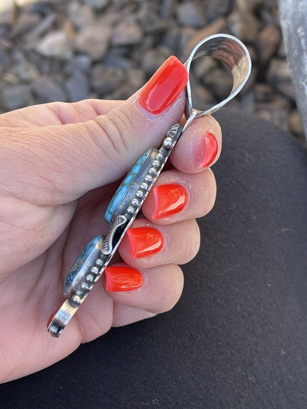 Handcrafted Sterling Kingman Web Turquoise & Red Coral Taos Pendant Danny Clark