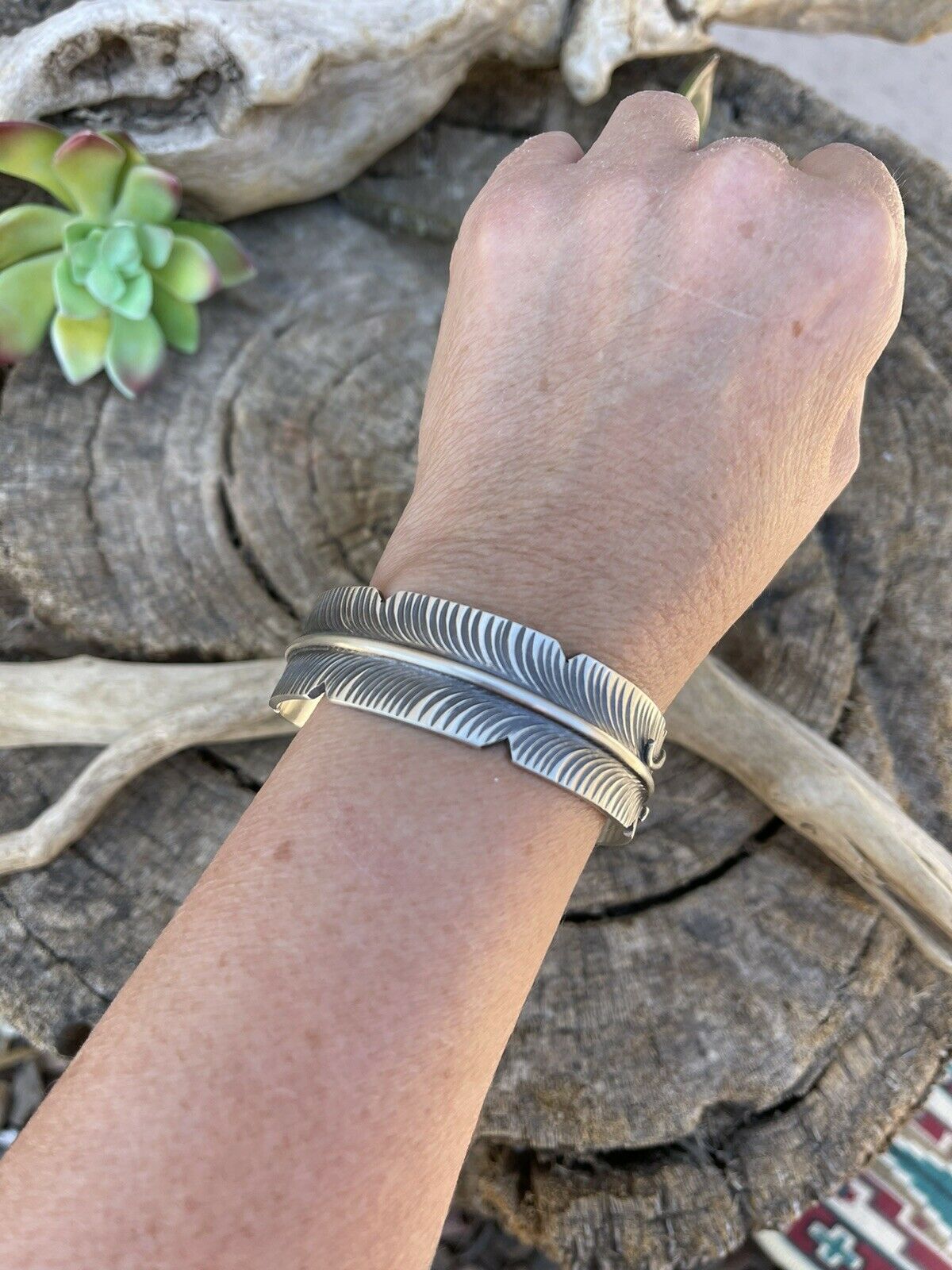 Handcrafted Sterling Silver Hand Stamped Feather Bracelet Cuff