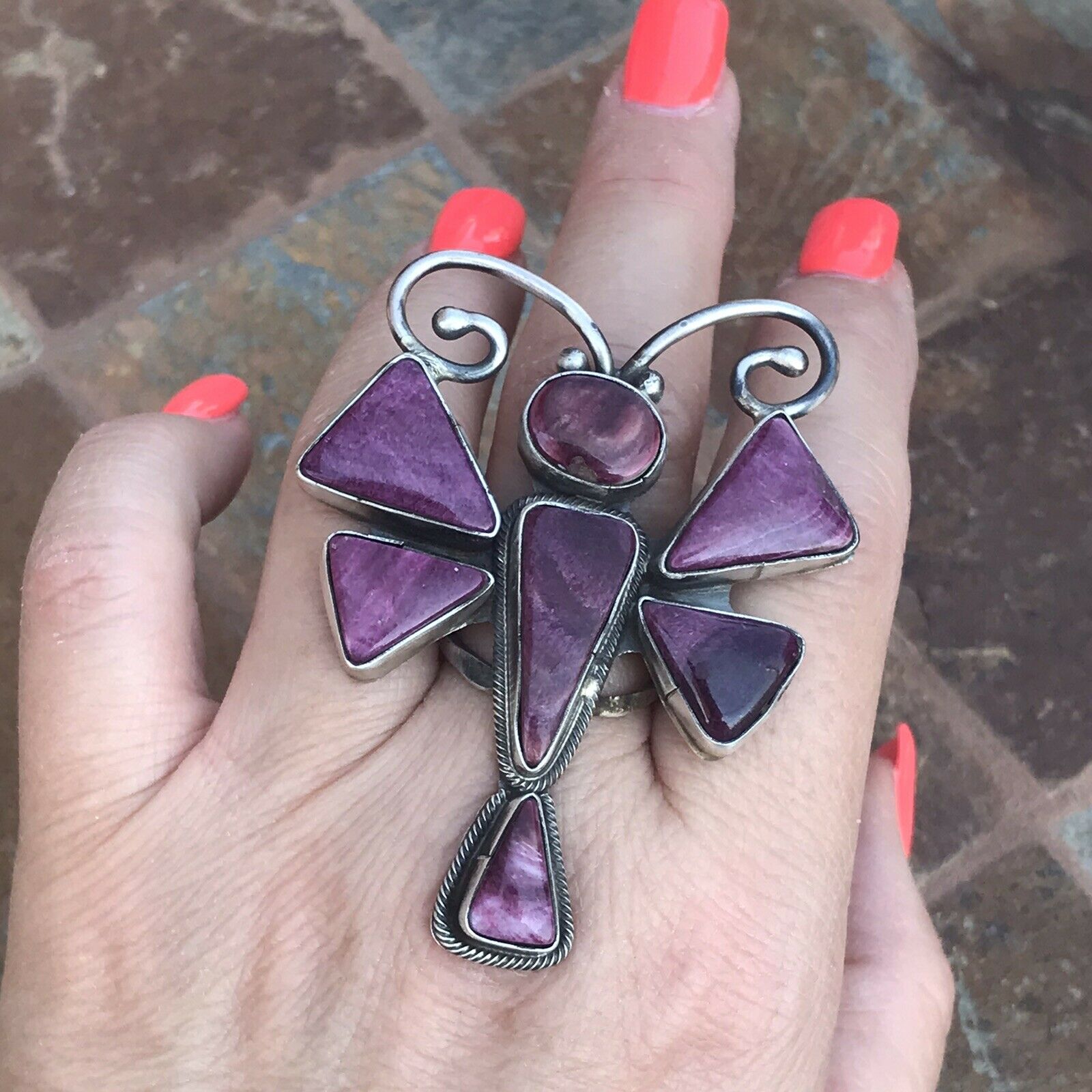 Handcrafted Sterling Silver Purple Spiny Oyster Dragonfly Ring Sz 6.5