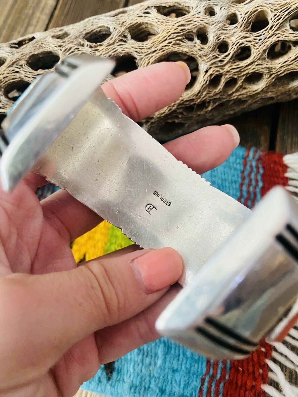 Handcrafted Kingman Turquoise, Coral & Sterling Silver Cuff Bracelet Signed /