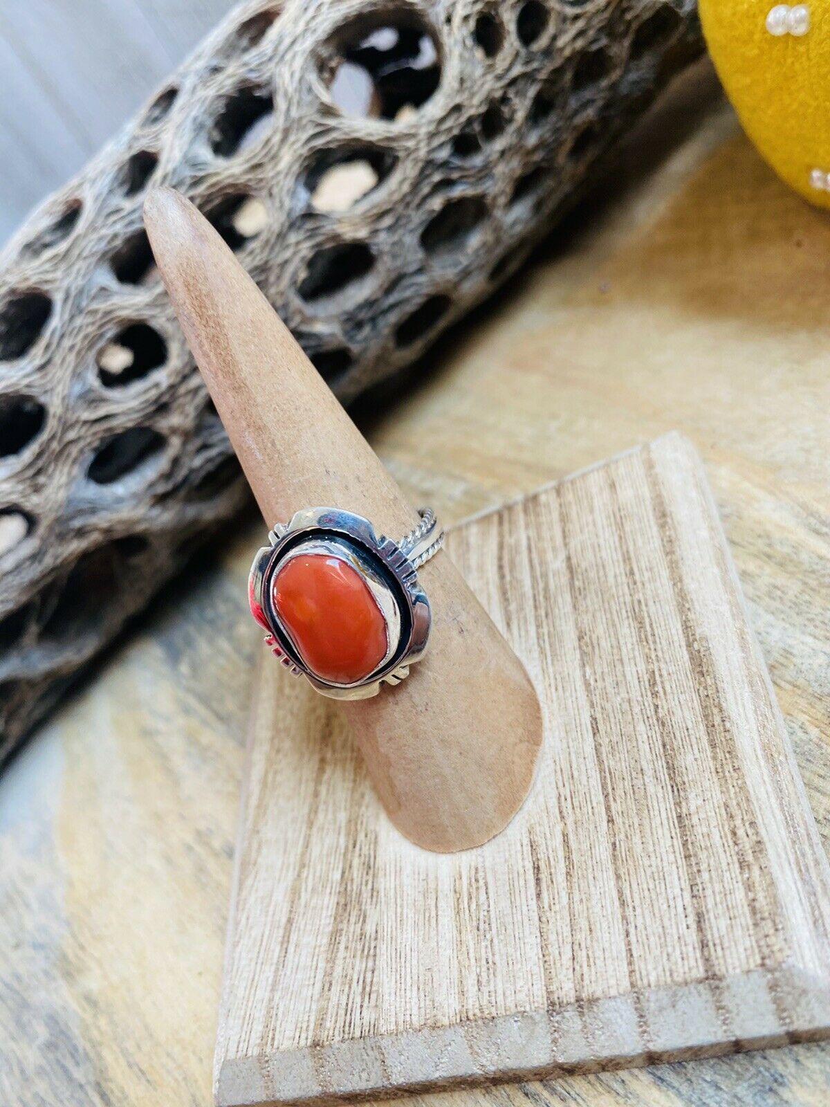 Handcrafted Sterling Silver & Orange Spiny Ring Size 5.75