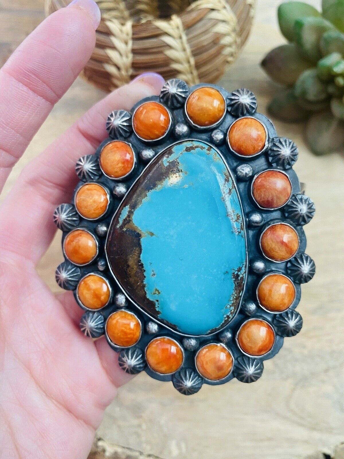 Handcrafted Orange Spiny, Turquoise & Sterling Silver Cuff Bracelet Signed /