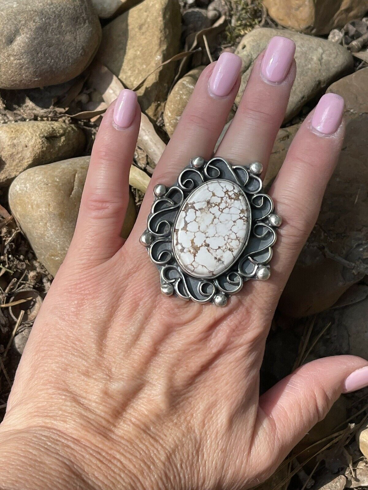 Handcrafted Swirl Statement Sterling Silver Wild Horse Oval Ring Sz 6