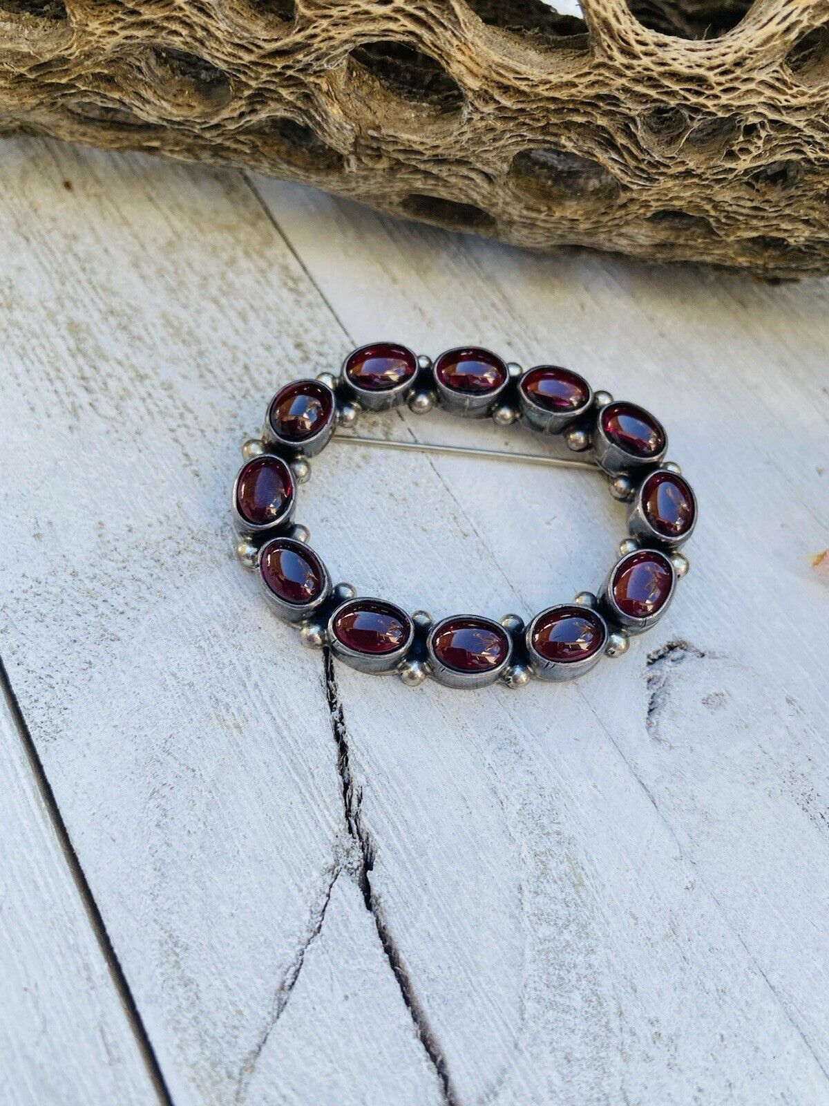 Handcrafted Vintage Garnet Sterling Silver Brooch Signed