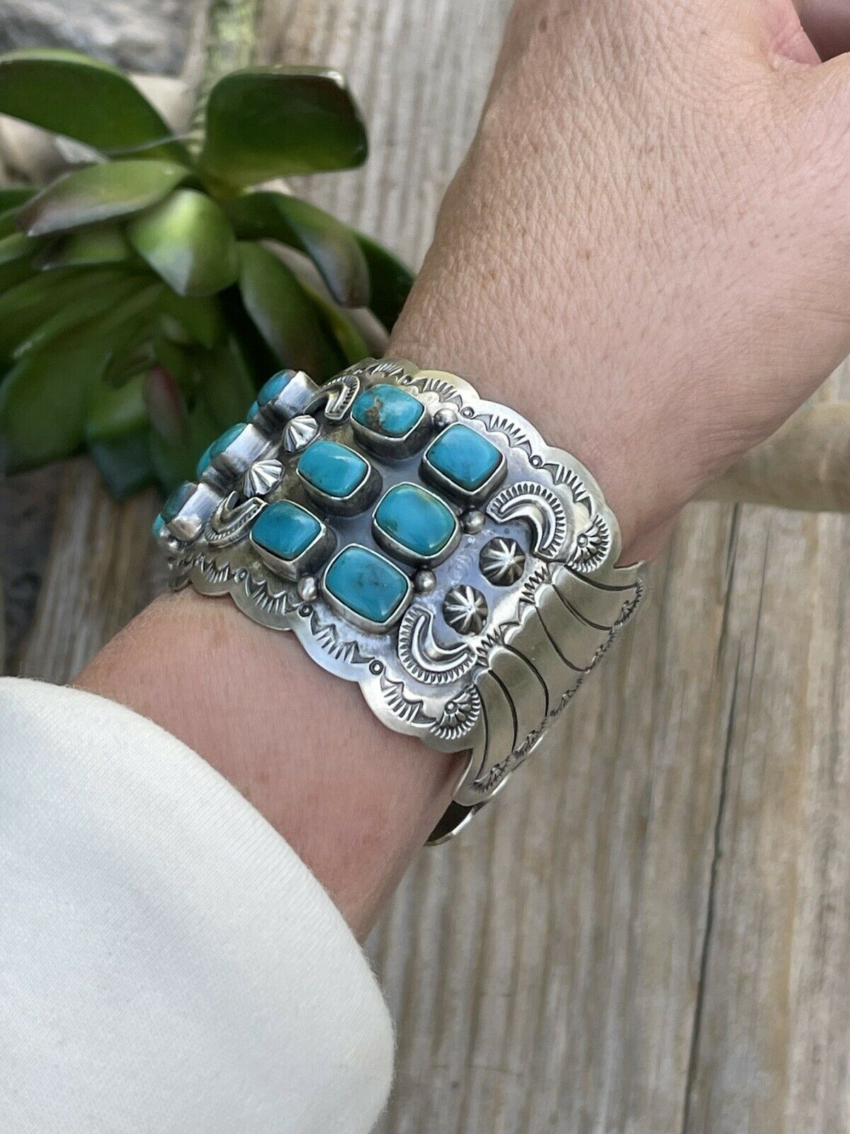 Stunning Turquoise Cluster & Sterling Silver Cuff Signed /