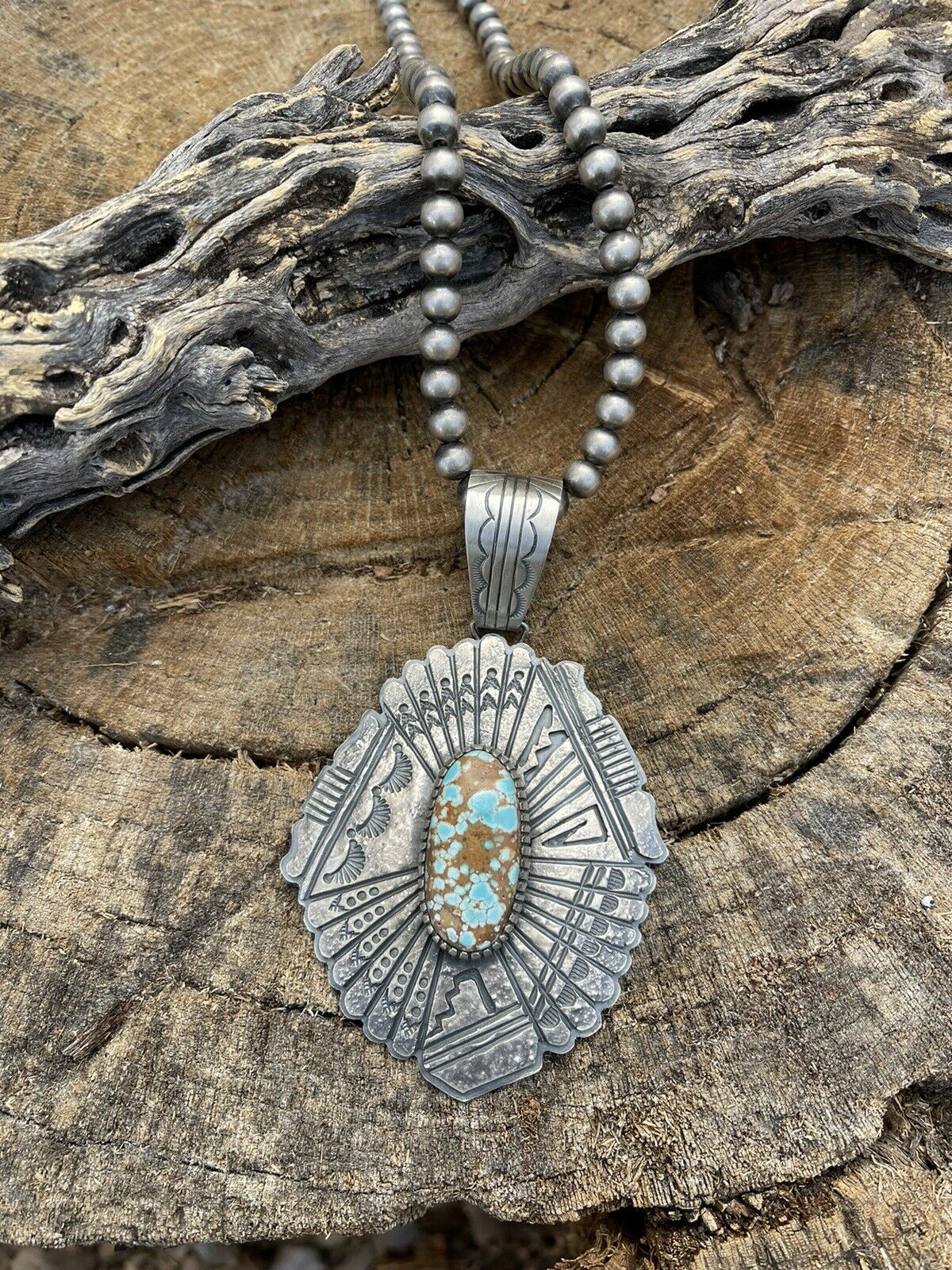 Handcrafted Number 8 Turquoise & Sterling Tufa Cast Jumbo Pendant Signed