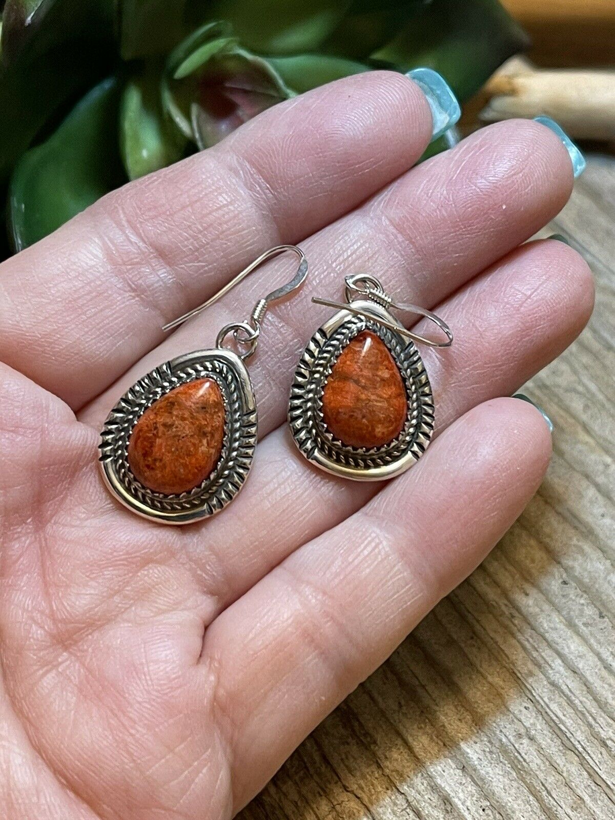 Handcrafted Sterling Silver Southwest Apple Coral Teardrop Earrings Signed G. Boyd