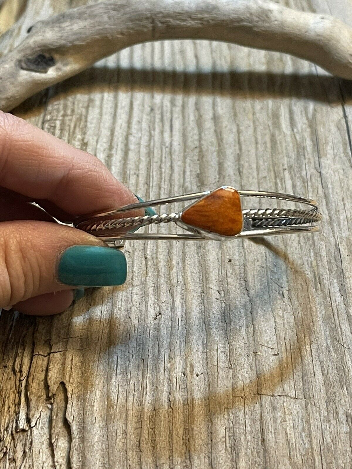 Handcrafted Triangle Orange Spiny Sterling Silver Bracelet Rope Style Cuff