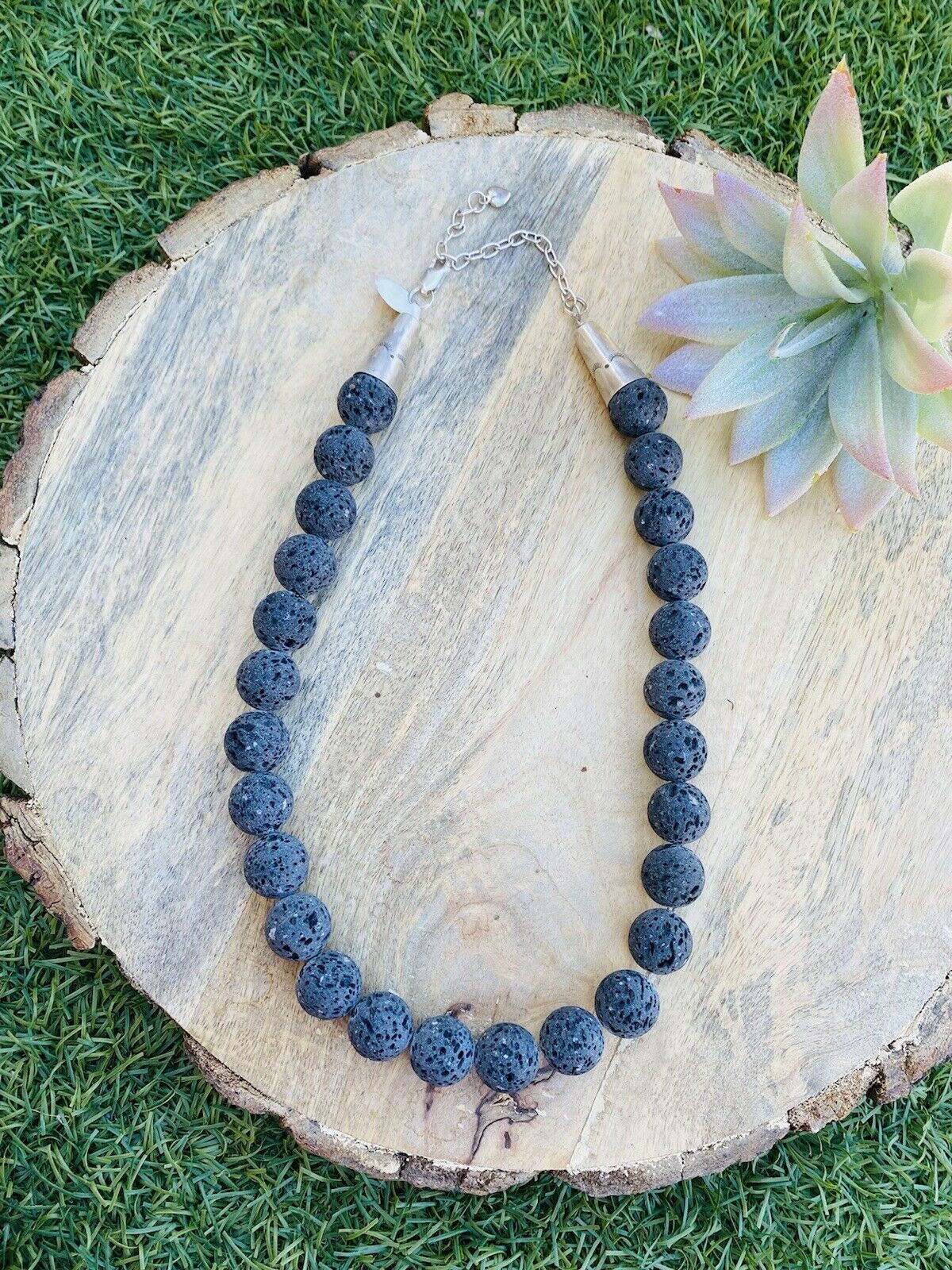 Handcrafted Lava Rock & Sterling Beaded Necklace