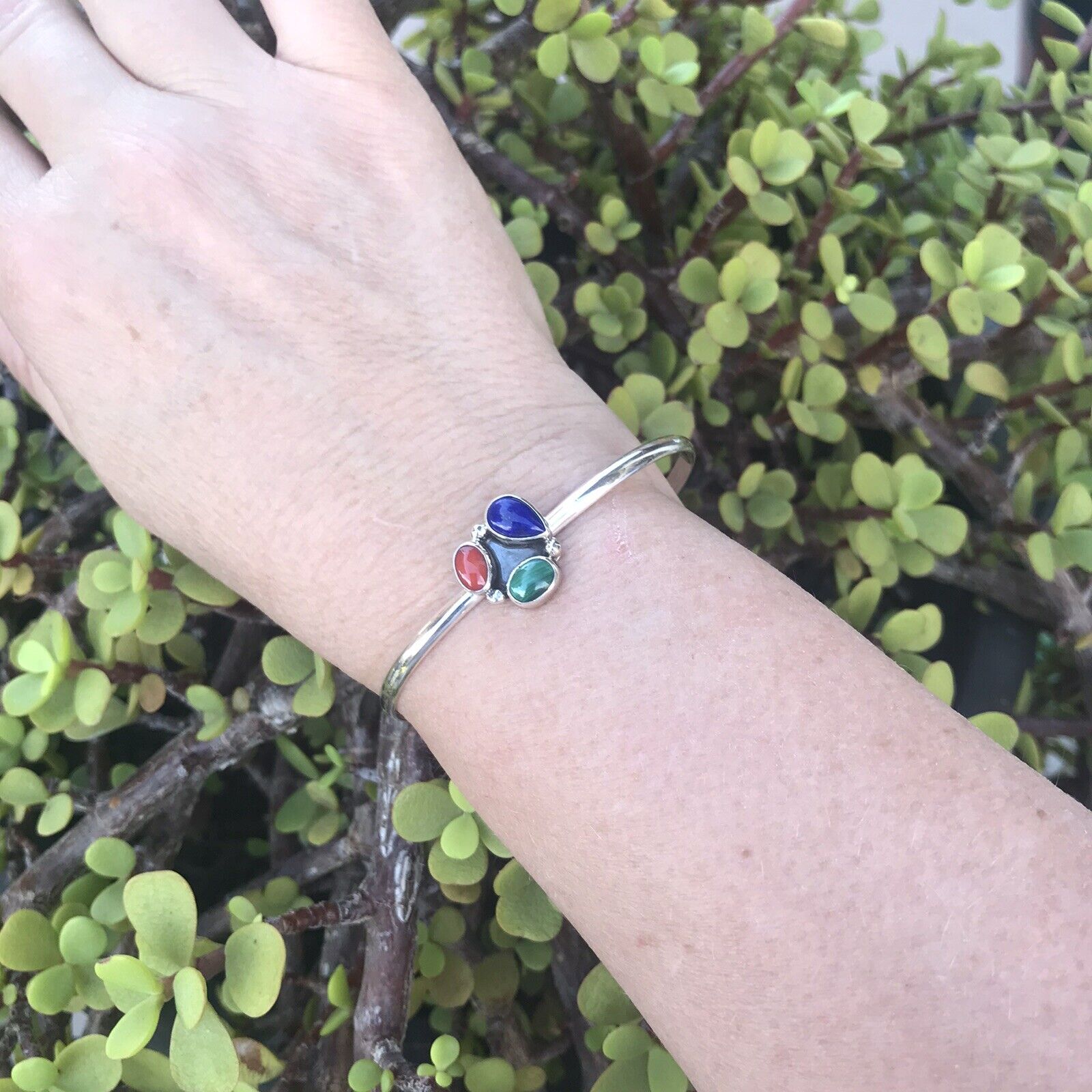 Handcrafted Multi Stone, Malachite Sterling Silver Bracelet Cuff Artist V. S