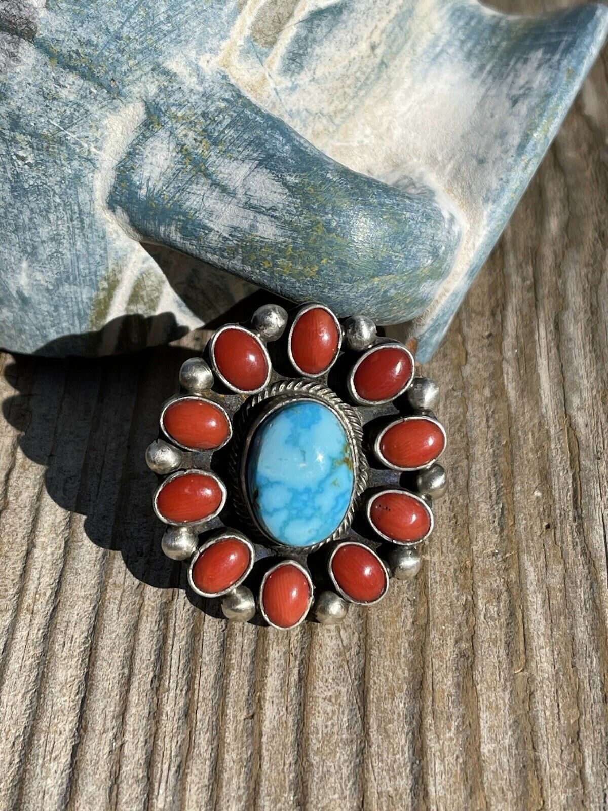 Handcrafted Sterling Silver Kingman Web Turquoise & Red Coral Taos Ring Sz 5.5